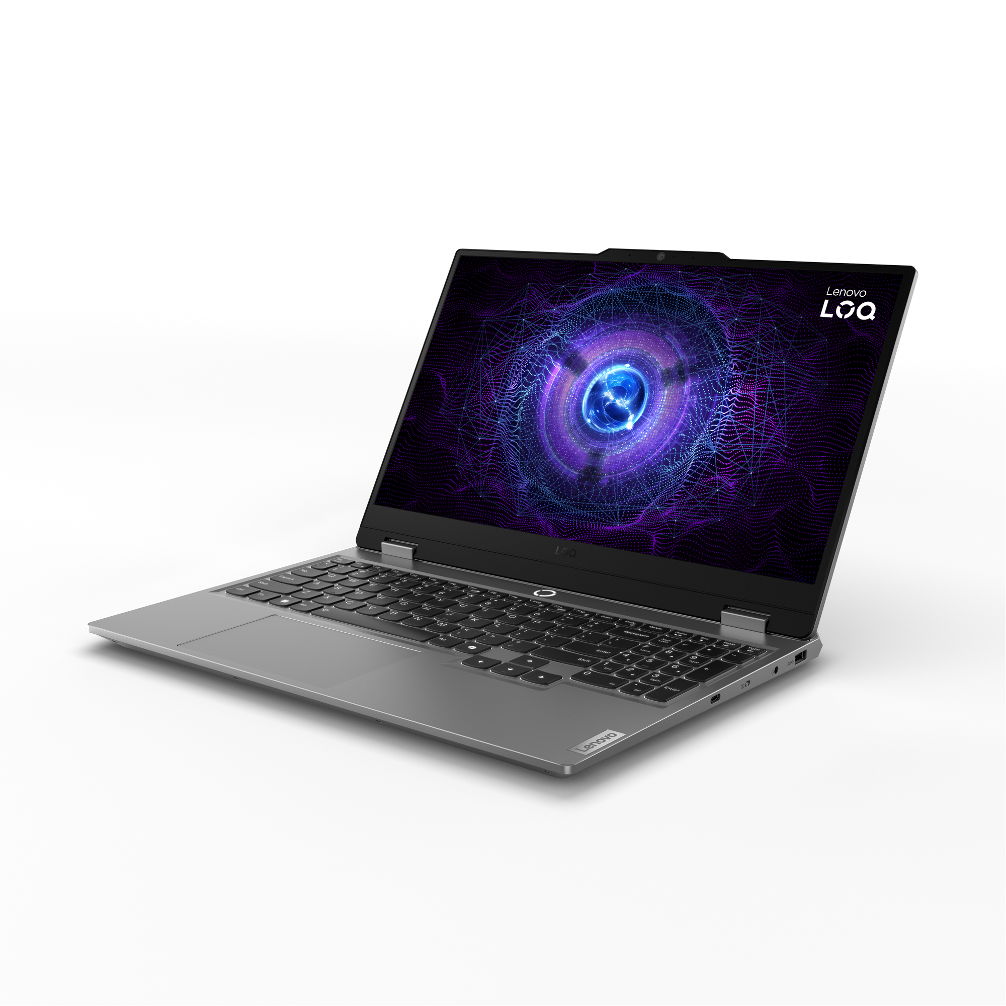 Bir Lenovo dizüstü bilgisayar açık, ekranda mor ve mavi bir tasarım gösteriyor. Klavye görünür durumda, gri kasa.