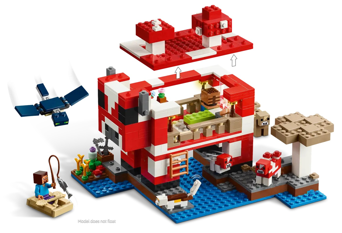 Zestaw Lego Minecraft z czerwonym domkiem z grzybów, łodzią, postacią łowiącą ryby i latającym stworzeniem.
