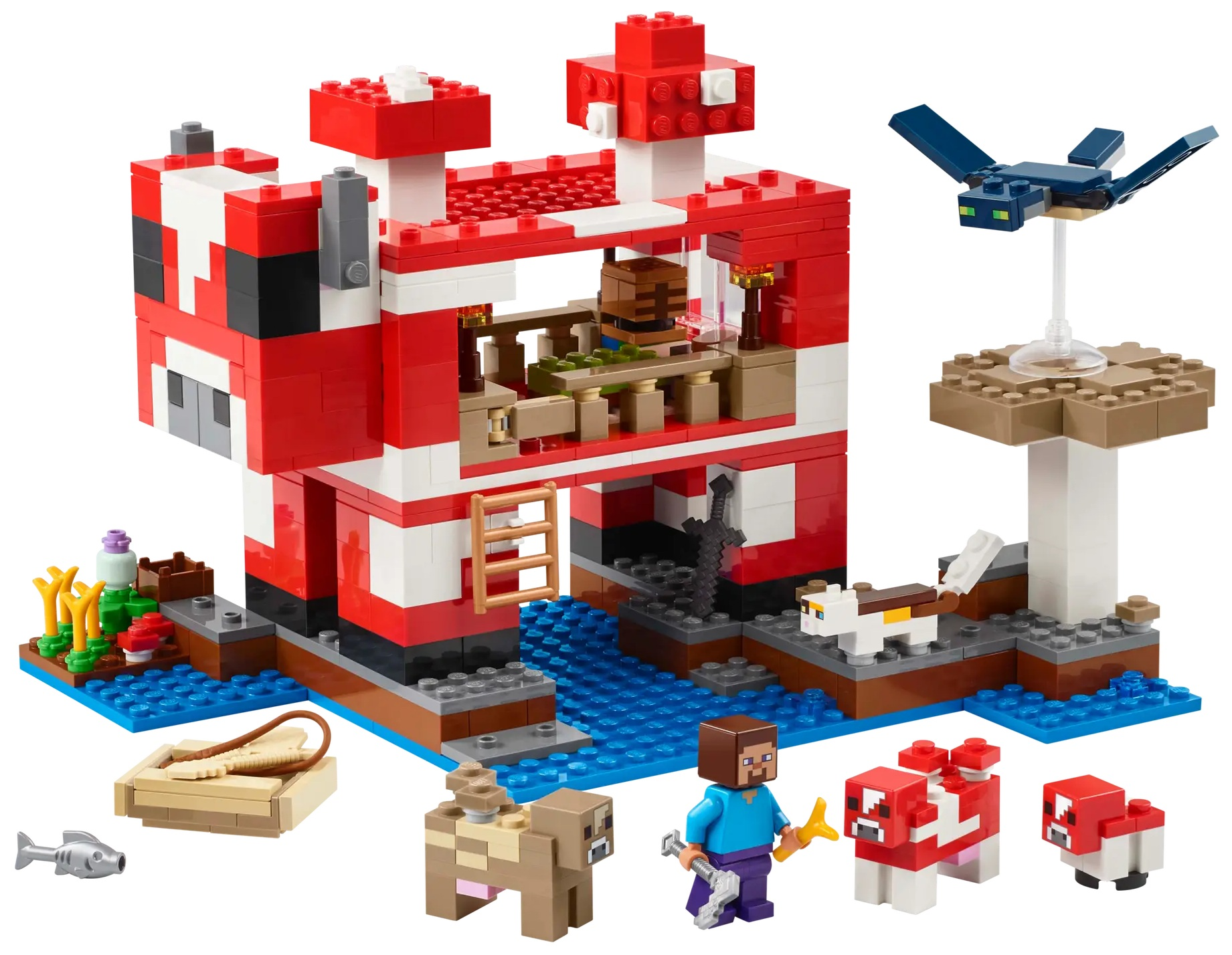 Zestaw Lego Minecraft. Czerwony i biały dom z grzybami, figurka Steve'a, krowy, ryba, łódź i latające stworzenie.