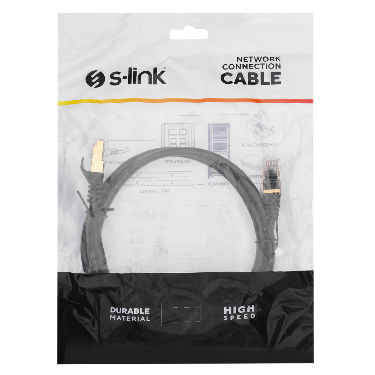 Siyah bir ağ kablosu, 's-link' logosu ve 'Network Connection Cable' yazısı olan bir plastik torbada. Torbada 'Durable Material' yazıyor.