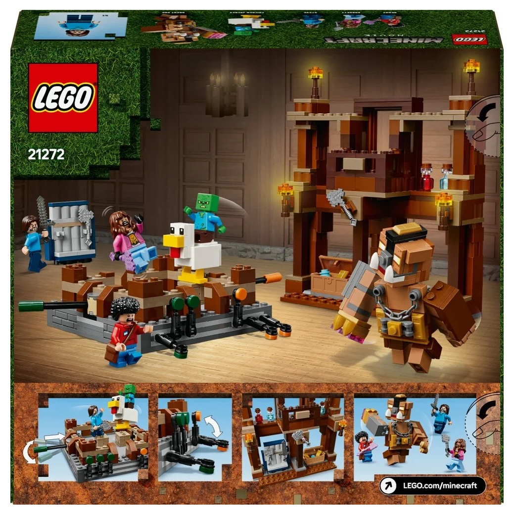 Zestaw LEGO Minecraft z figurkami. Zawiera dużą drewnianą konstrukcję, kurczaka i różne postacie z Minecraft w akcji.