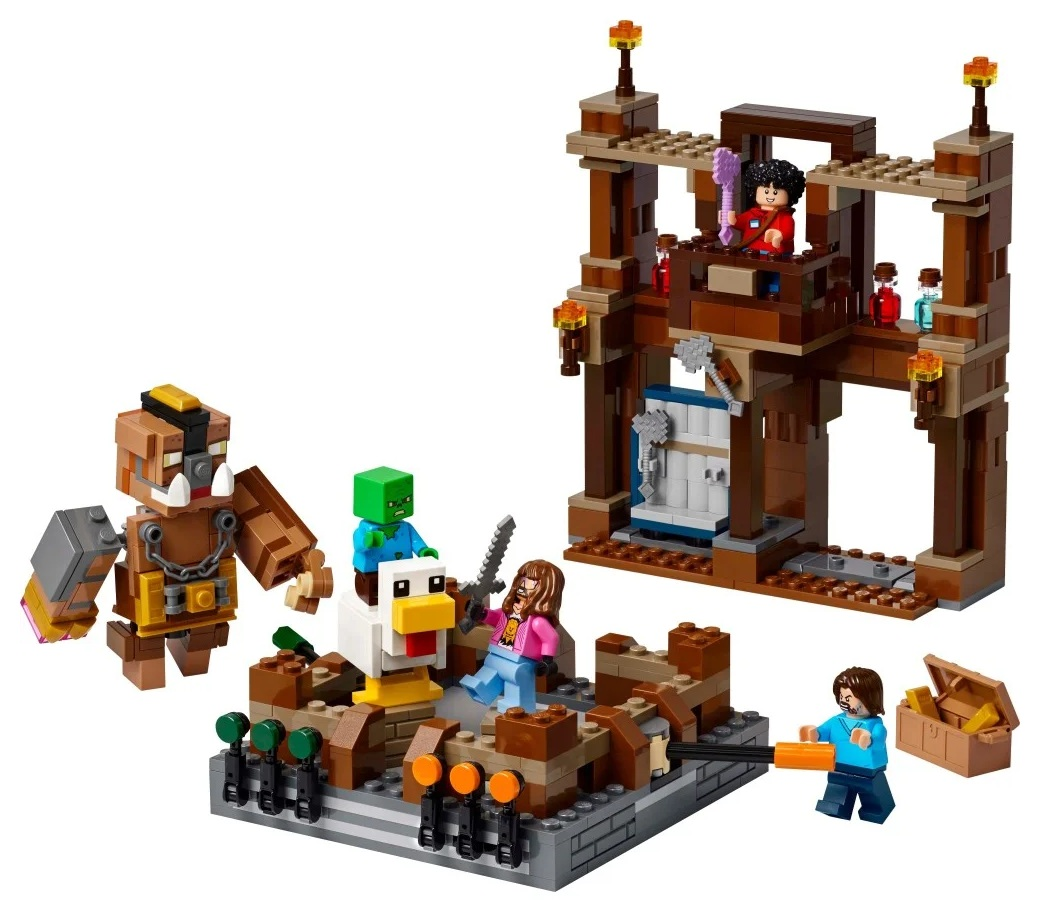 Zestaw Lego Minecraft z figurkami, budynkiem i kurczakiem. Różne postacie i struktury, w tym skrzynia ze skarbami i potwór.