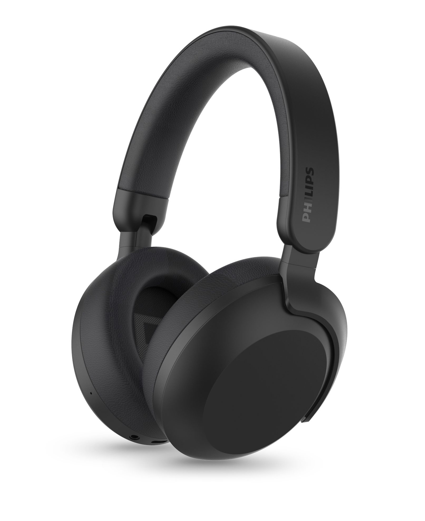 Schwarze Philips-Kopfhörer, Over-Ear-Design. Die Kopfhörer befinden sich auf weißem Hintergrund. Philips-Logo sichtbar.