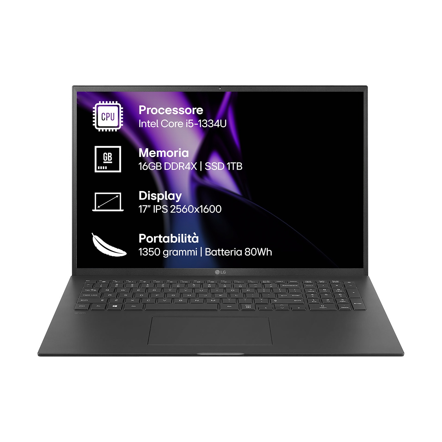 Un laptop grigio scuro è aperto, mostrando le specifiche: Intel Core i5, 16 GB RAM, 1 TB SSD, display da 17". Ha una tastiera e un touchpad.