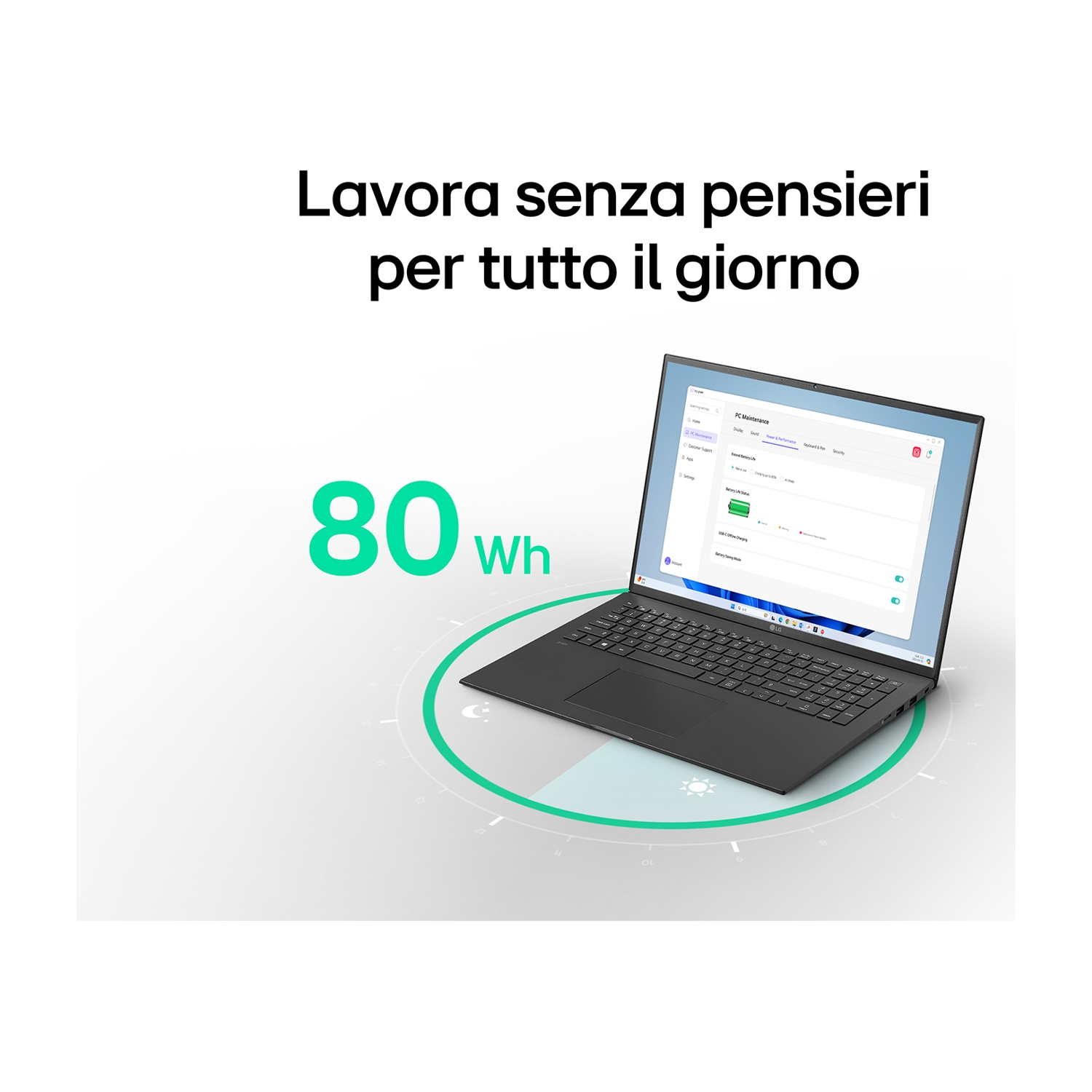 Un laptop nero con schermo aperto mostra un'interfaccia di manutenzione PC. Testo: 'Lavora senza pensieri'. Verde '80 Wh'.