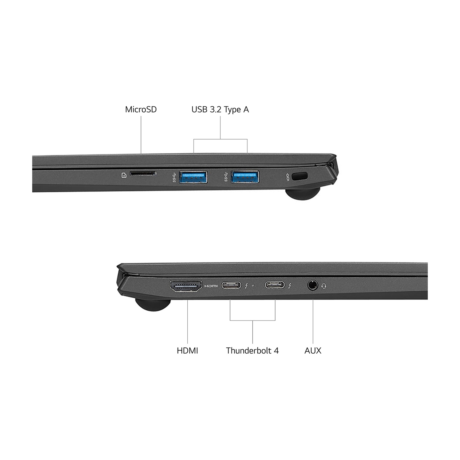 Lato del laptop con porte etichettate: MicroSD, USB 3.2 Tipo A, HDMI, Thunderbolt 4 e AUX per cuffie.
