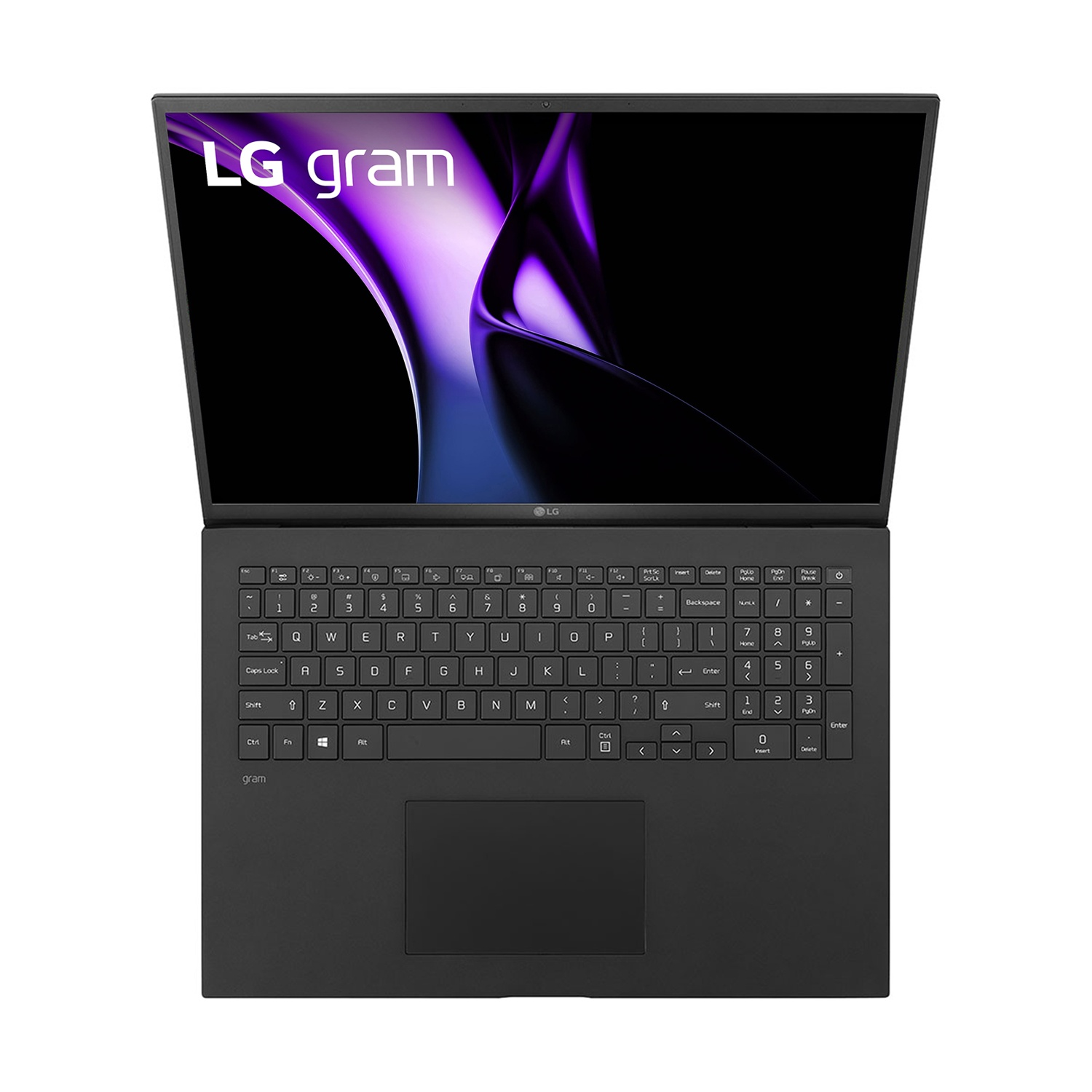 Un laptop LG gram aperto. Lo schermo mostra un design viola, la tastiera è visibile e il laptop è nero.