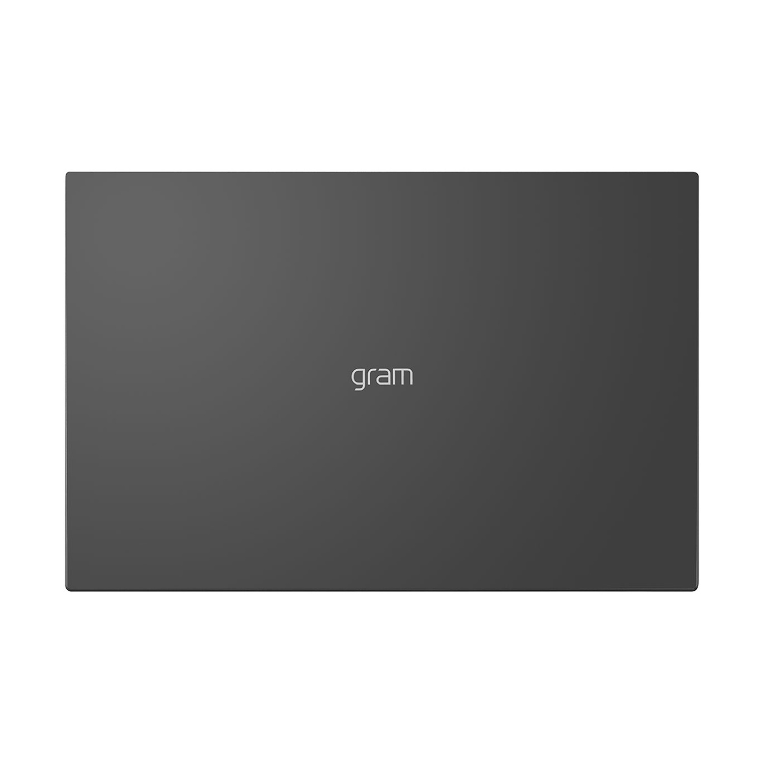 Un laptop grigio con la scritta 'gram' in bianco sul coperchio. Lo sfondo è bianco.