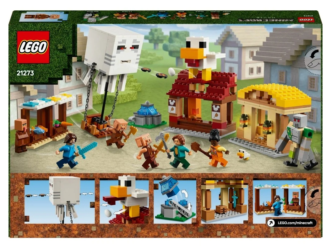 Zestaw Lego Minecraft. Zawiera dużego białego ducha, kurczaka, budynki i kilka minifigurek z bronią, na zielonym polu.