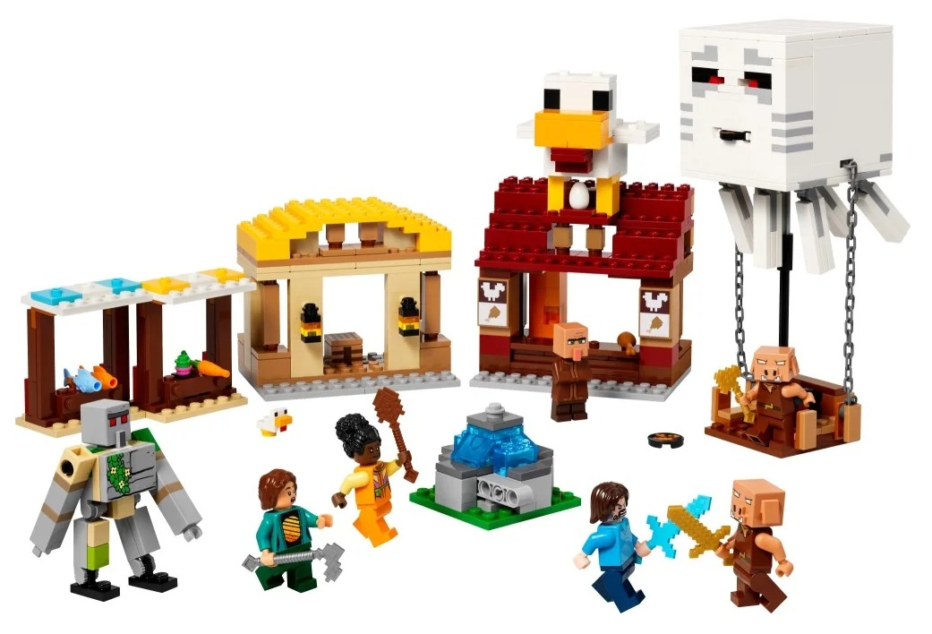 Zestaw Lego Minecraft z postaciami i strukturami. Zawiera figurki kurczaka, wieśniaka, golema i świni z akcesoriami.