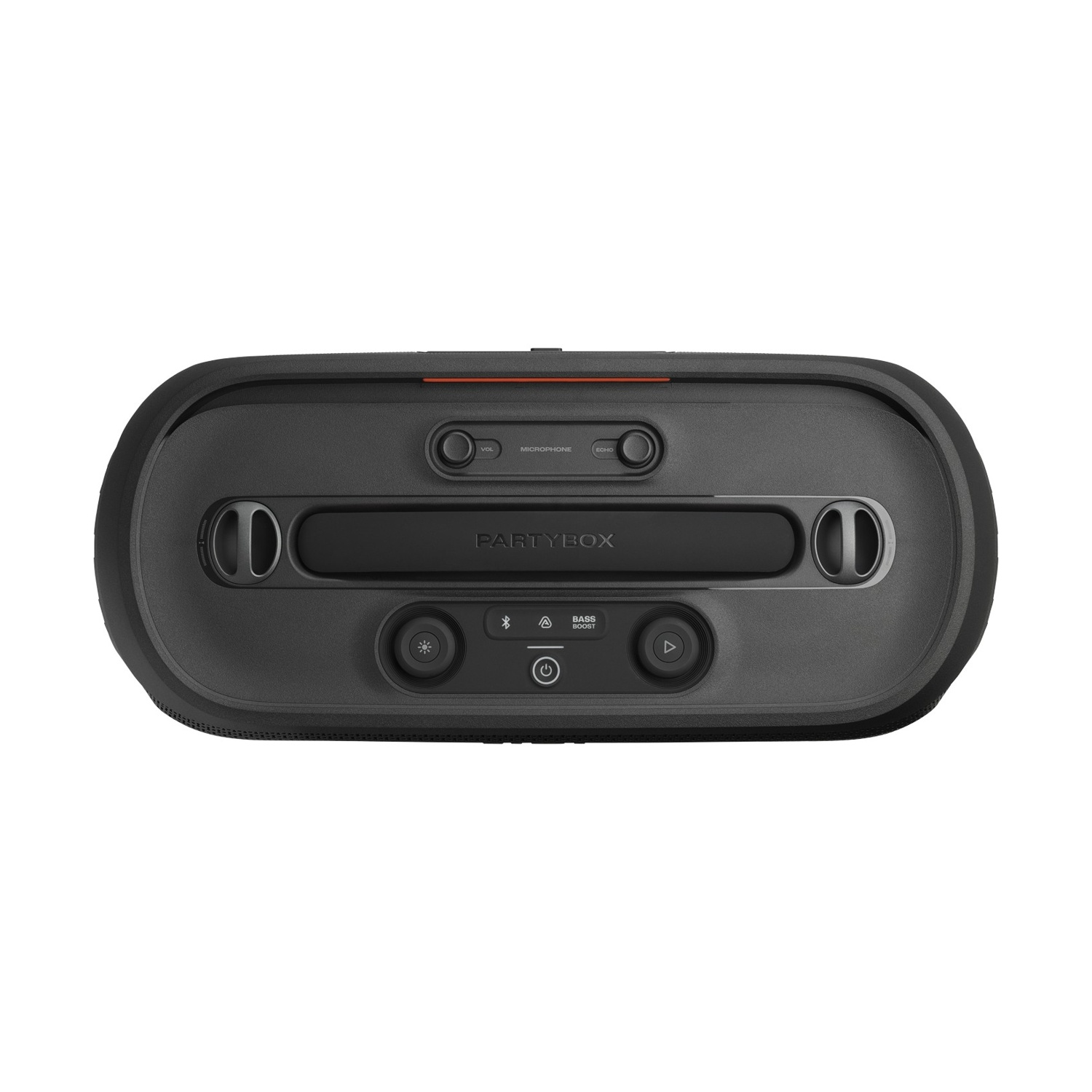 Un altoparlante Partybox nero con pannello di controllo e pulsanti. Include controlli per microfono, volume e bassi potenziati.