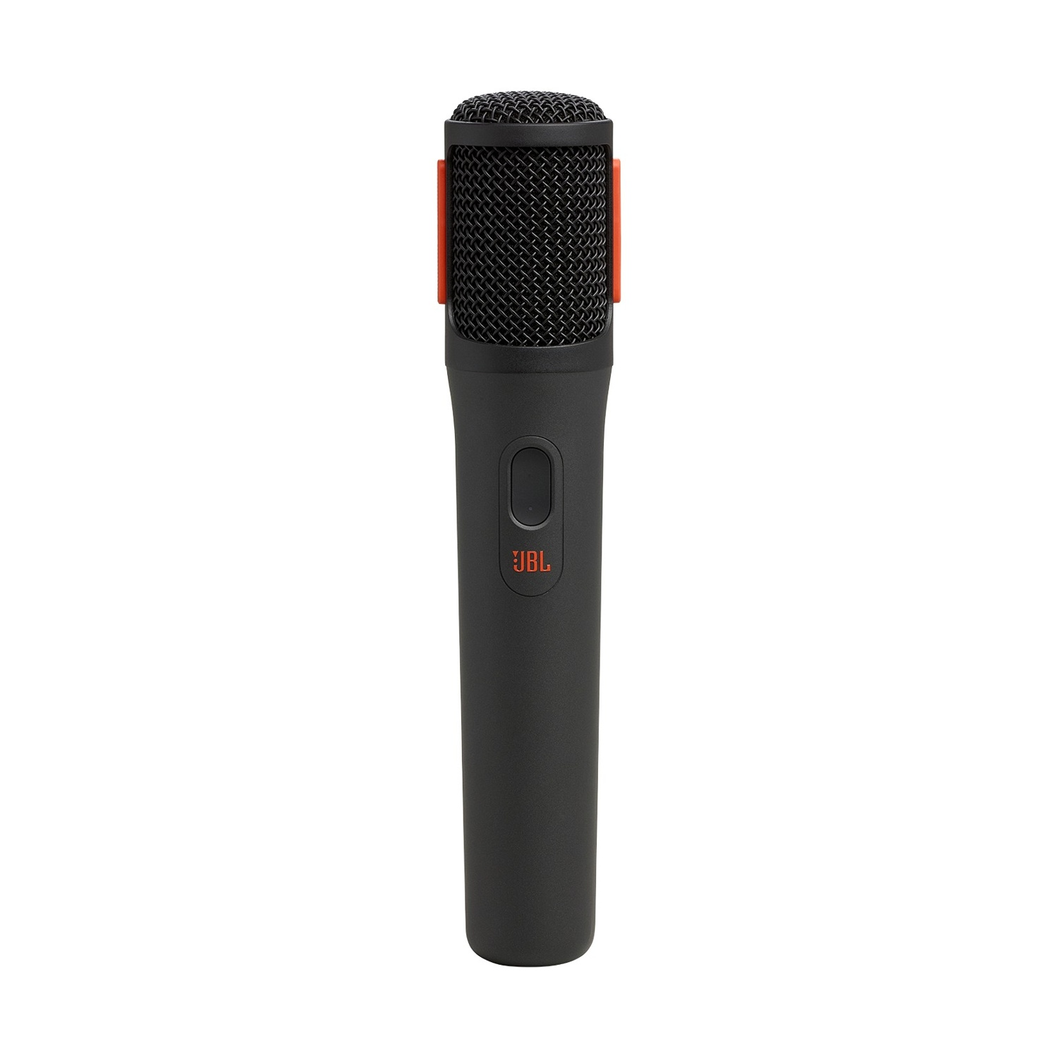 Un microfono JBL nero con un accento arancione, su sfondo bianco. Ha una testa a rete e un corpo cilindrico.