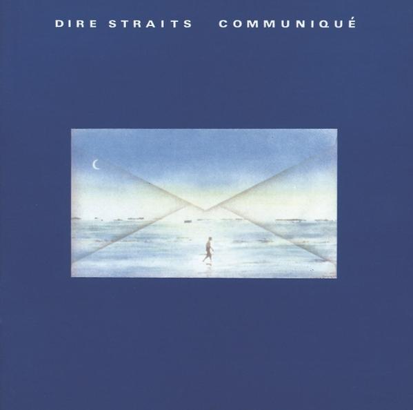 Album cover. A person walks on water inside an envelope illustration. The sky is blue. Text at the top: DIRE STRAITS, COMMUNIQUE.