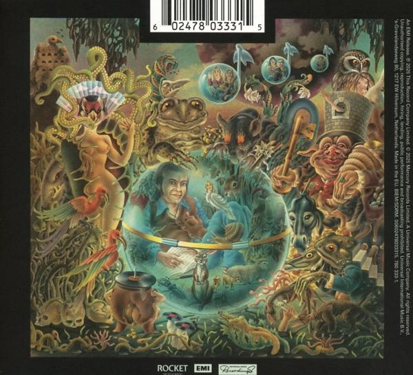 Pochette d'album : Un homme dans une sphère de verre, entouré de créatures fantastiques, une femme, des oiseaux et des notes de musique.
