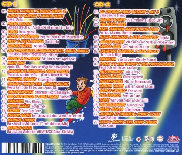 CD-Cover. Ein Cartoon-Skifahrer, Feuerwerk und eine Liste von Songs mit dem Titel 'CD1' und 'CD2'.