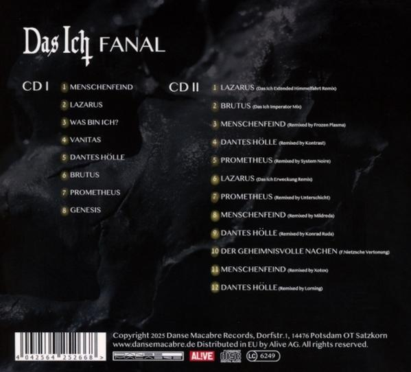Albumcover für Das Ich FANAL. Es listet die Songs auf zwei CDs auf. Der Hintergrund ist dunkel, mit verblasstem Text.
