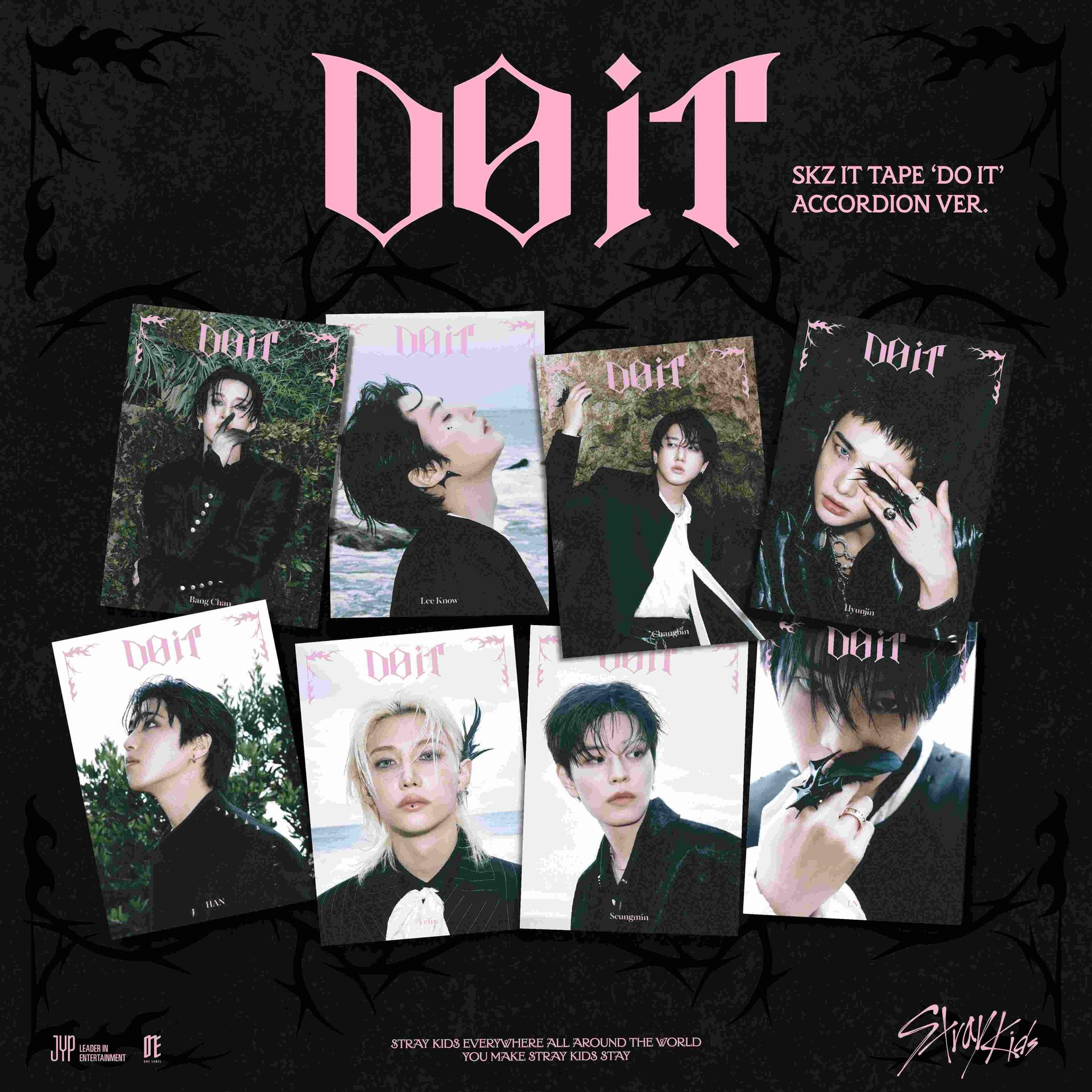 Album cover with 8 member portraits. Pink 'Do It' title, black background, and decorative elements surround the images.