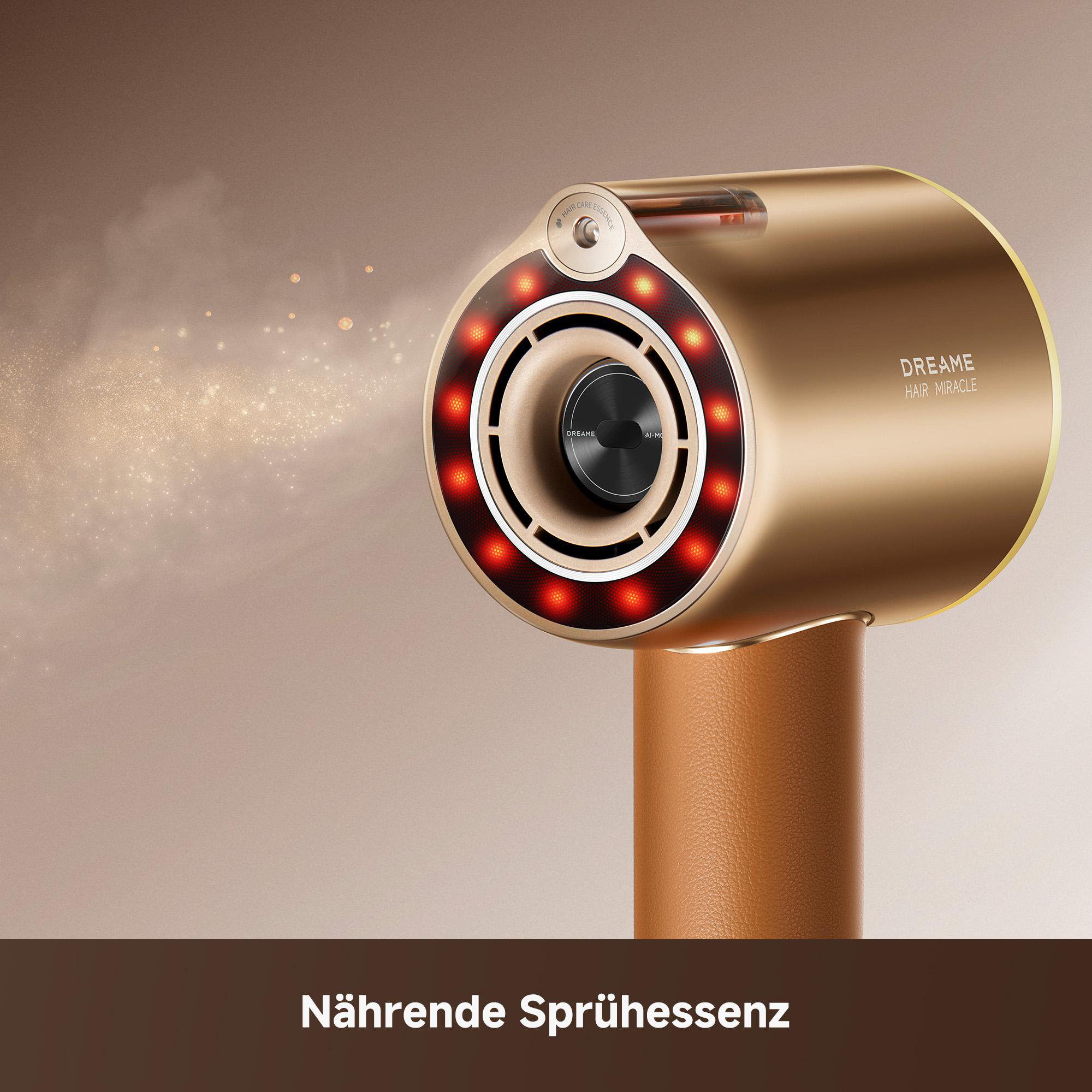 Goldener Haartrockner mit roten Lichtern, braunem Griff und Dreame-Logo. Sprüheffekt im Hintergrund. Deutscher Text unten.