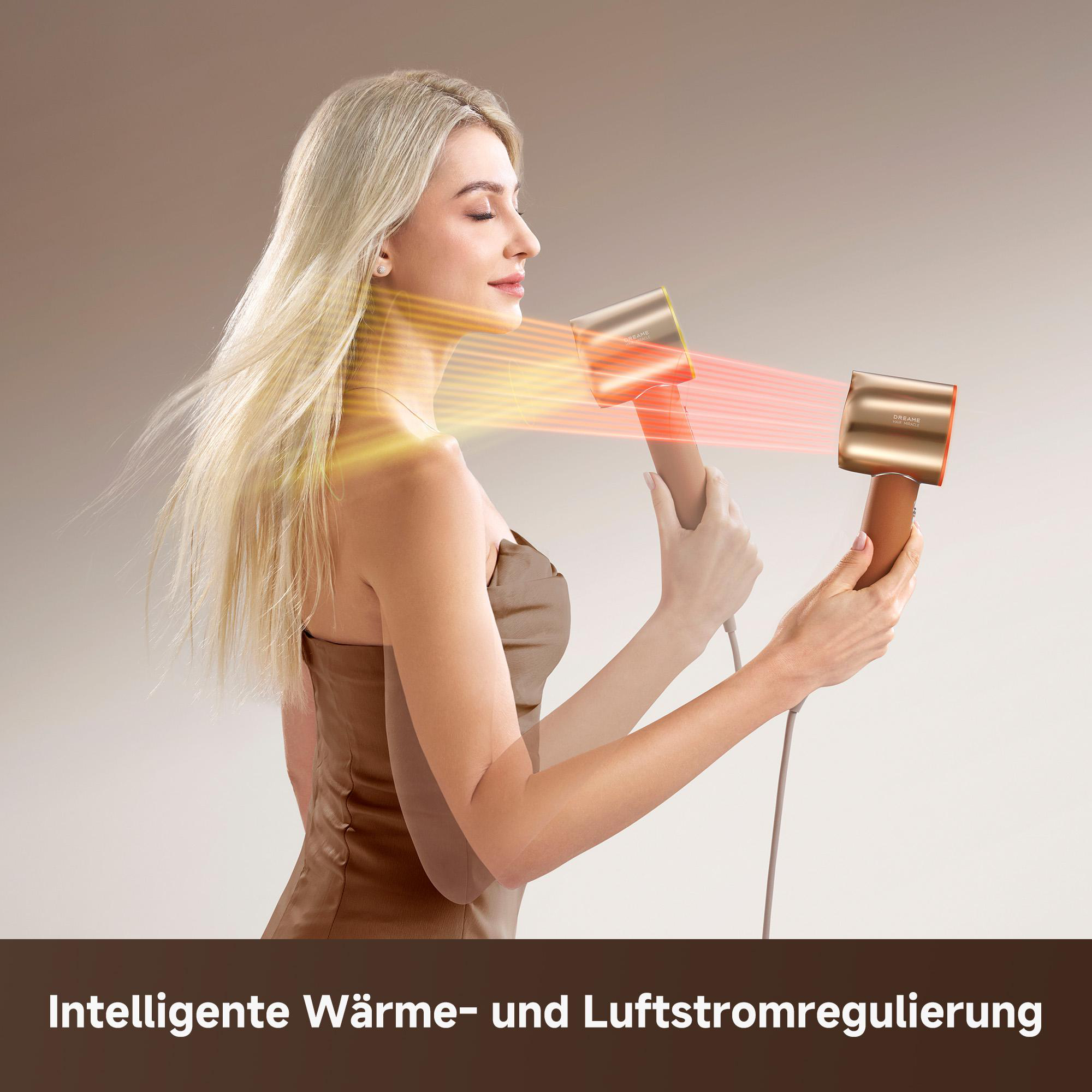 Blondhaarige Frau benutzt einen goldenen Föhn. Rote und gelbe Lichtstrahlen gehen davon aus.
