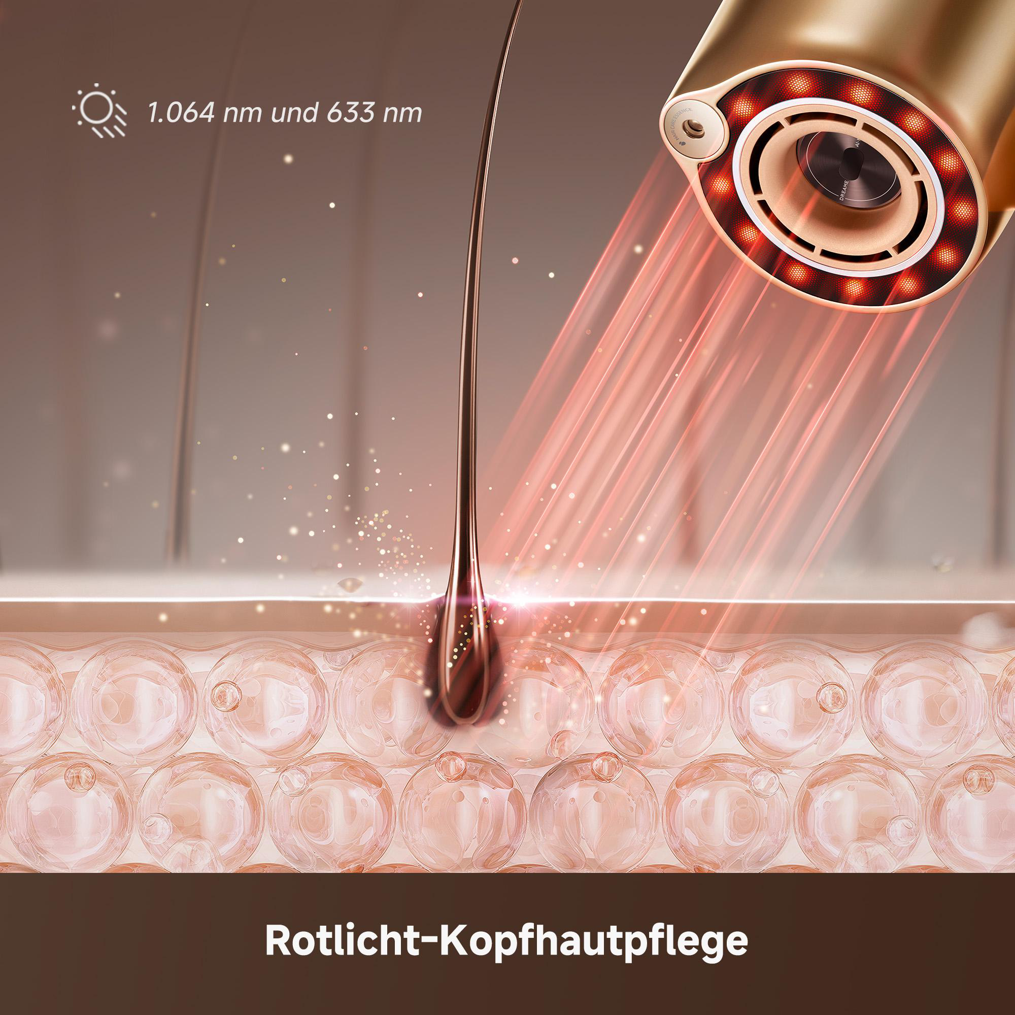 Das Bild zeigt eine Haarfollikel, die mit Rotlichttherapie behandelt wird. Das Gerät emittiert rotes Licht auf Hautzellen.