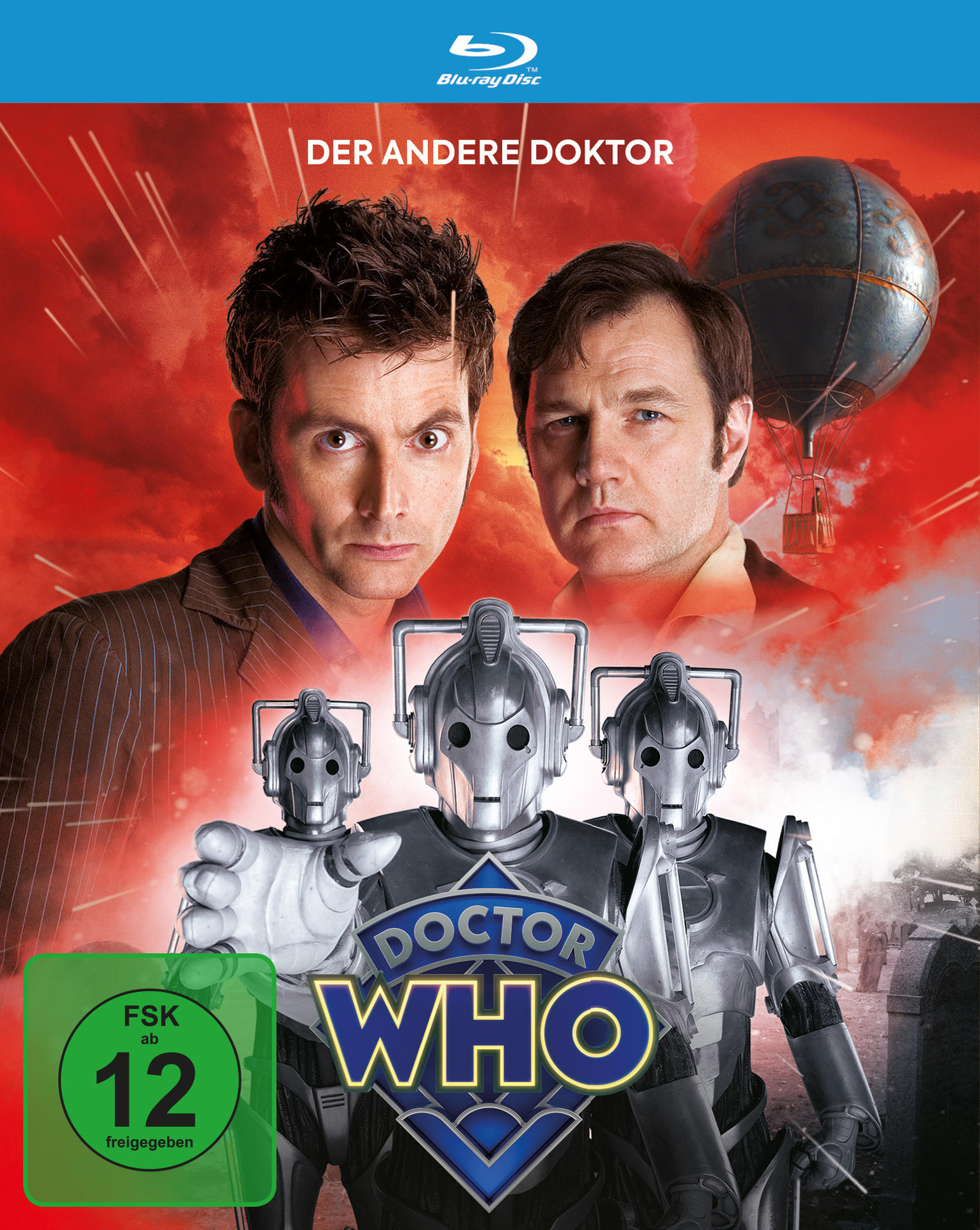 Doctor Who Blu-ray-Cover. Zeigt zwei Männer, Cybermen und einen Heißluftballon vor rotem Hintergrund.