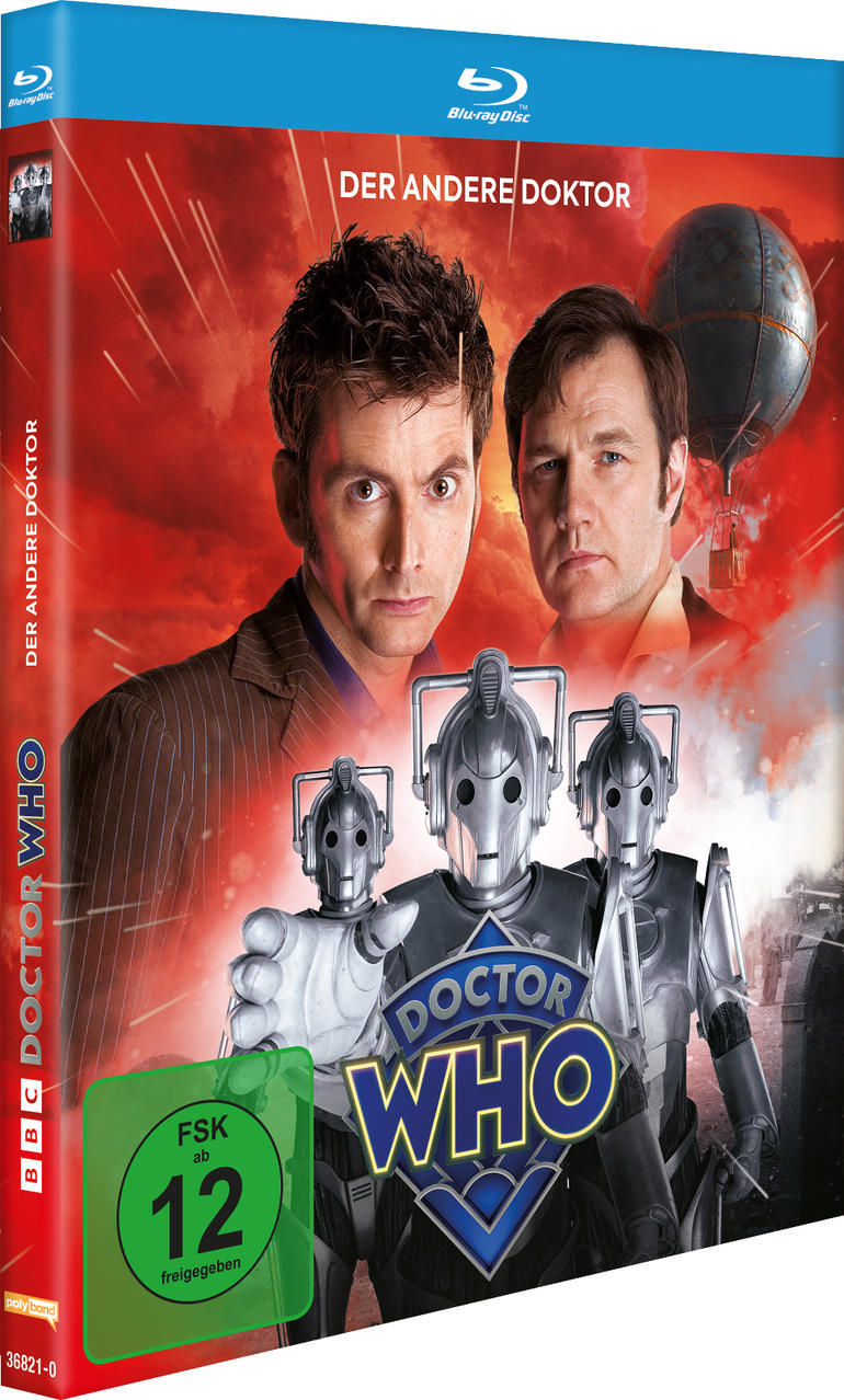 DVD-Cover: Doctor Who, mit zwei Männergesichtern und Cybermen. Roter Hintergrund, blaues Logo und grüner 12er-Rating-Aufkleber.