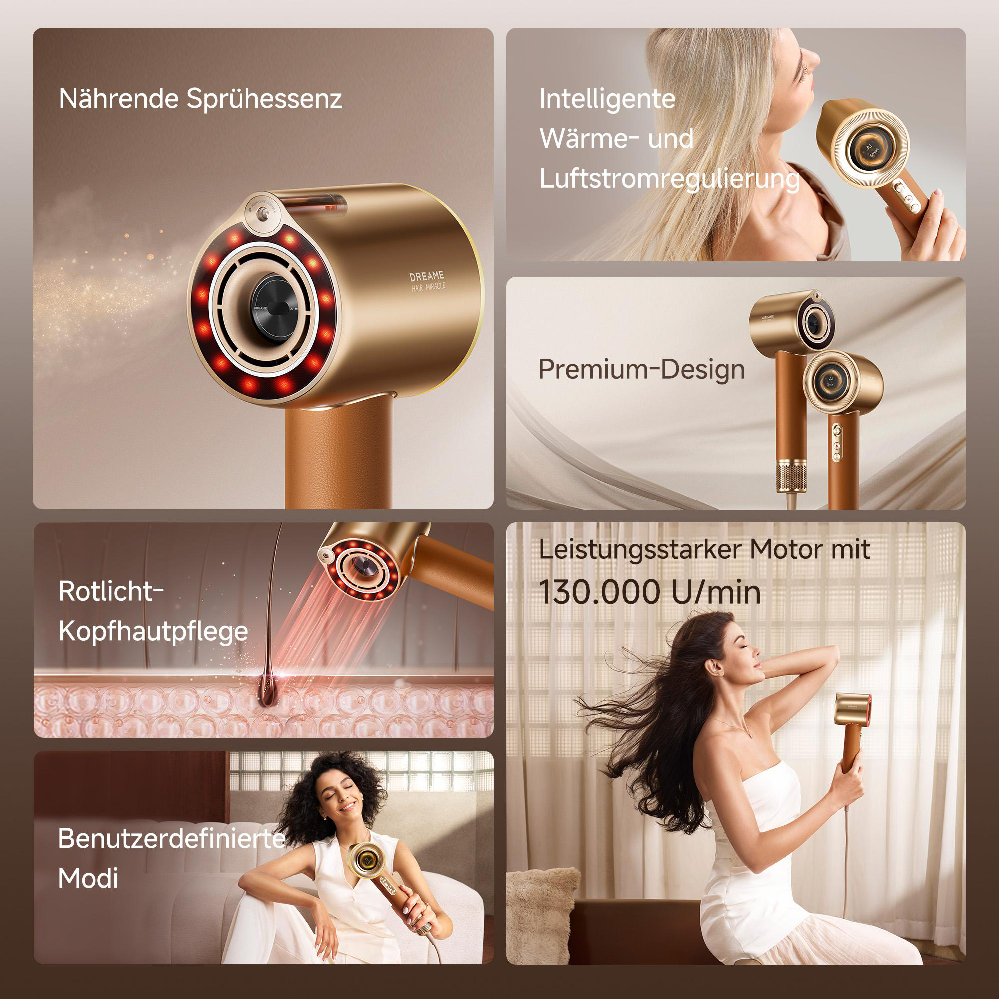 Goldener Haartrockner mit Rotlichtfunktion, Frauen benutzen ihn, Produktdetails und Text auf Deutsch.