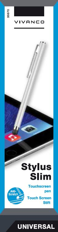 Ein silberner Stift auf einem Tablet-Bildschirm. Text: 'Stylus Slim' und 'Touchscreen-Stift'. Anti-Kratz-Symbol sichtbar.