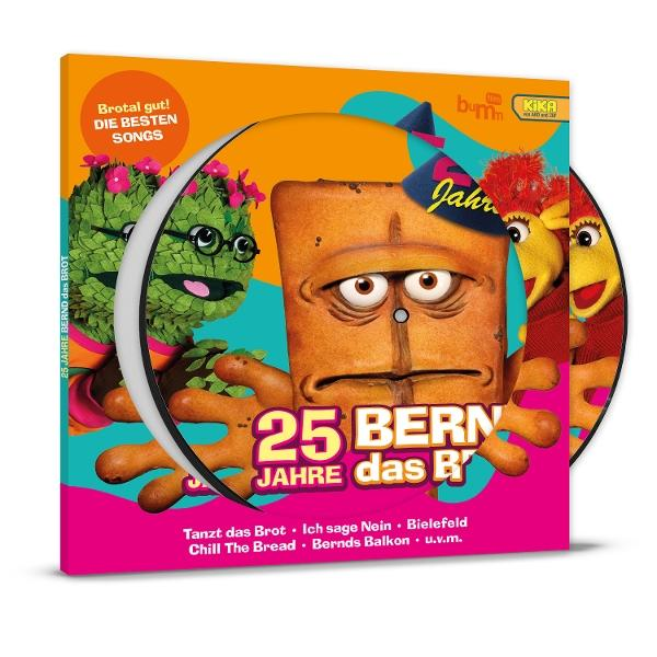 CD-Cover für „25 Jahre Bernd das Brot“ mit einem Brot-Charakter, zwei anderen Figuren und Text. Lebendige Farben und Cartoon-Stil.