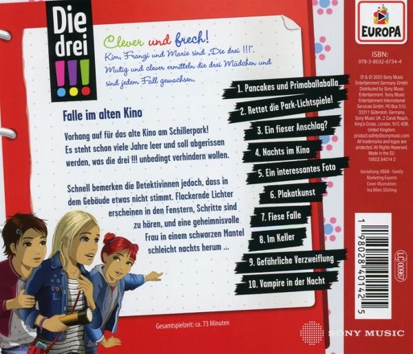 Cover der 'Die drei', drei Mädchen, Text und nummerierte Geschichten. Sony Music und Europa Logos sind sichtbar.