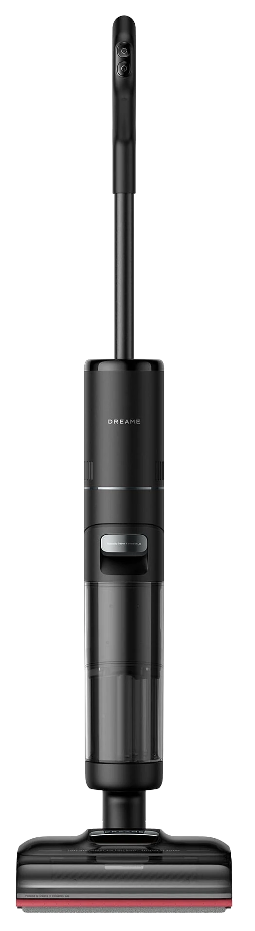 Czarny i szary odkurzacz Dreame. Ma długi uchwyt i głowicę czyszczącą z czerwoną szczotką.