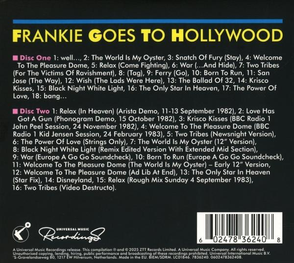 Albumcover: Frankie Goes to Hollywood, Trackliste auf schwarzem Hintergrund, Universal Music-Logo und Barcode.