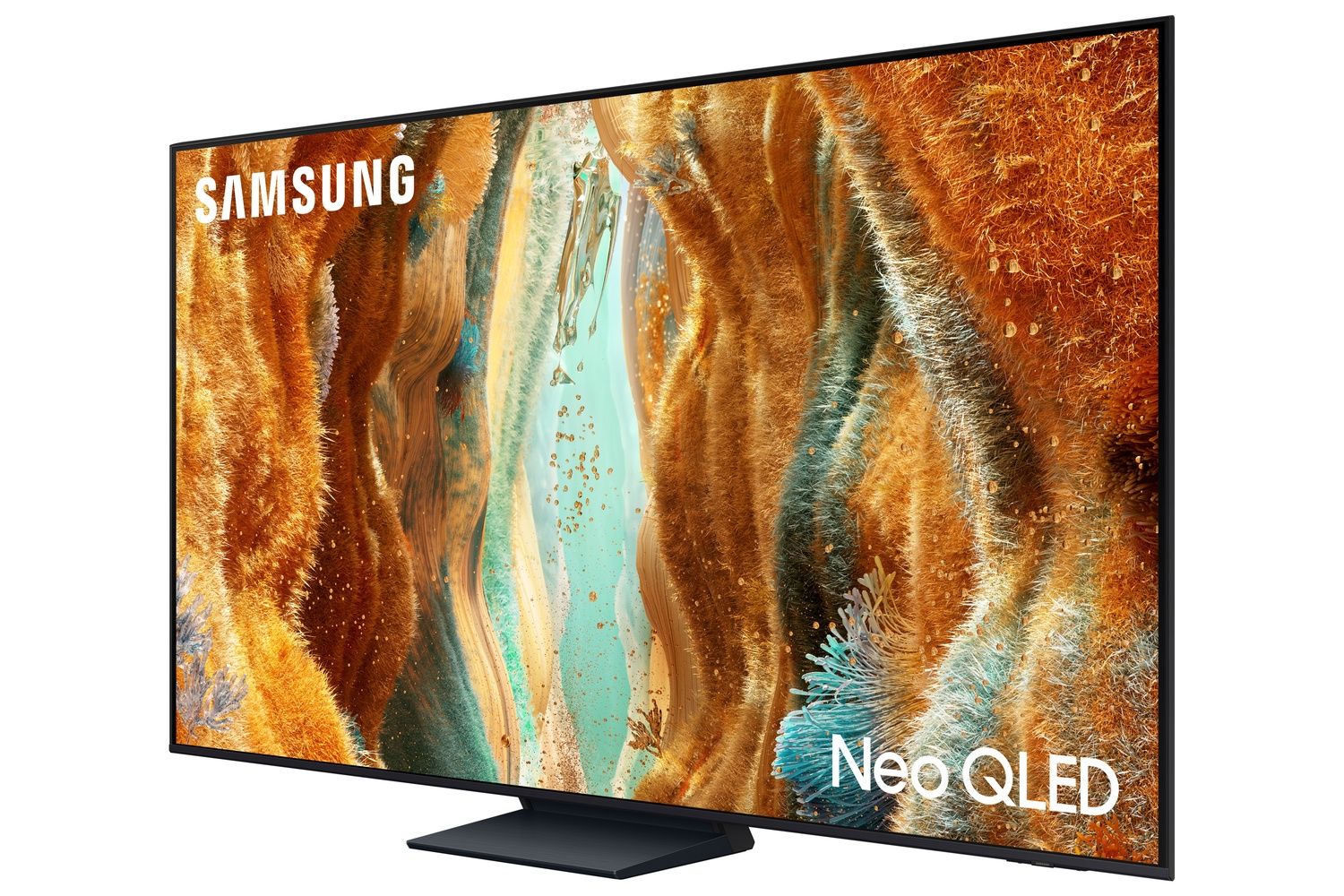 TV Samsung Neo QLED. La pantalla muestra una imagen abstracta en colores cálidos. El TV tiene marco y base negros. El nombre de la marca es visible.
