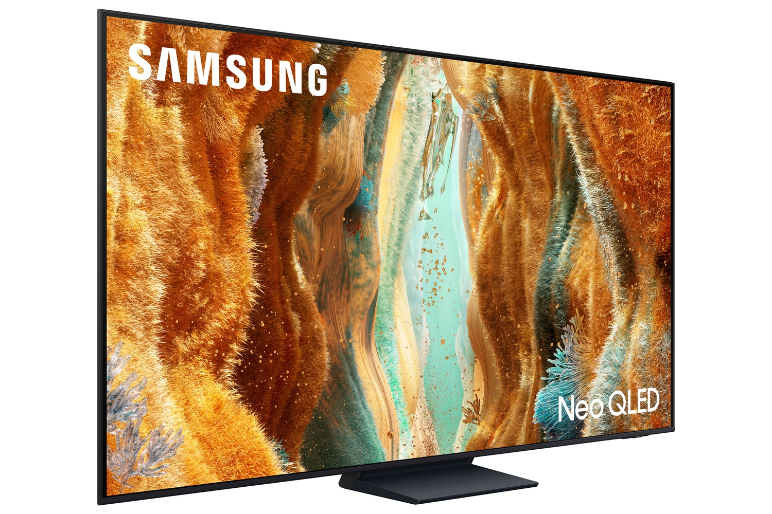 Televisor Samsung Neo QLED. Pantalla con arte abstracto en naranja, verde azulado y dorado. TV negro con base negra.