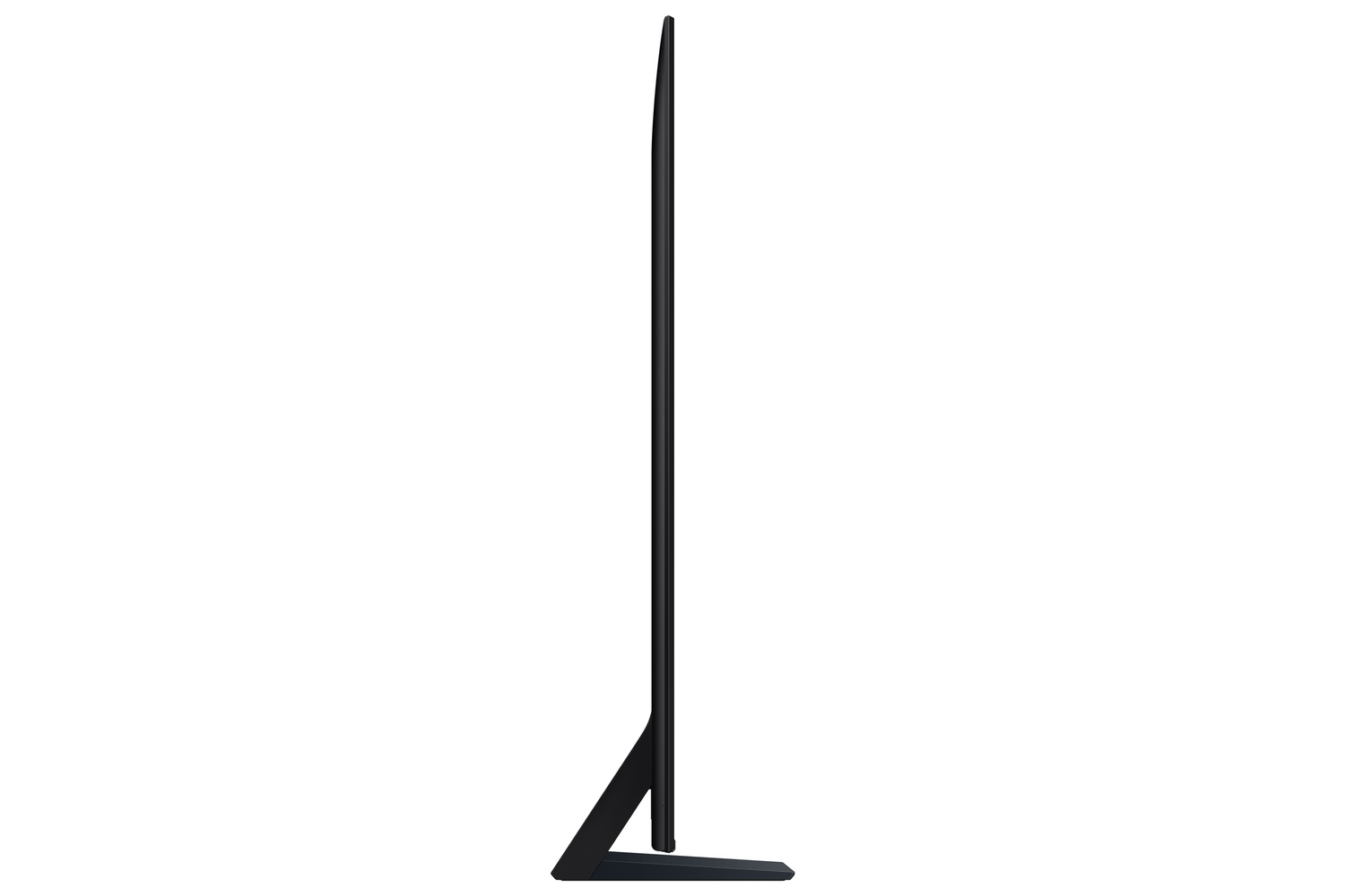 Vista lateral de un televisor negro y delgado. Se encuentra de pie sobre un soporte negro. La pantalla es un panel oscuro y elegante.