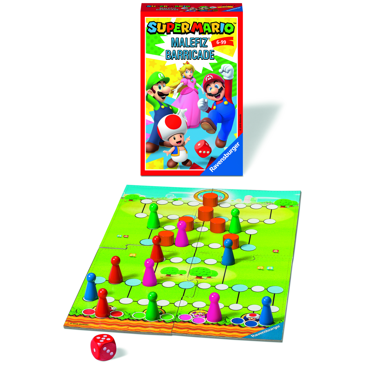Super Mario bordspel. Doos toont karakters. Spelbord heeft gekleurde stukken en dobbelstenen. Groen bord met witte cirkels.