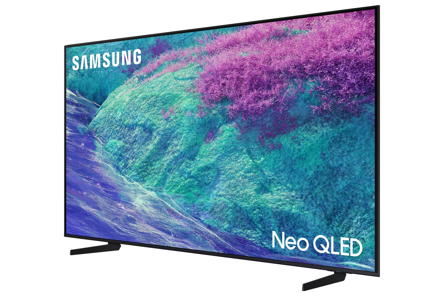 Televisor Samsung Neo QLED. La pantalla muestra un paisaje de tonos púrpuras y turquesas. El televisor tiene marco negro.