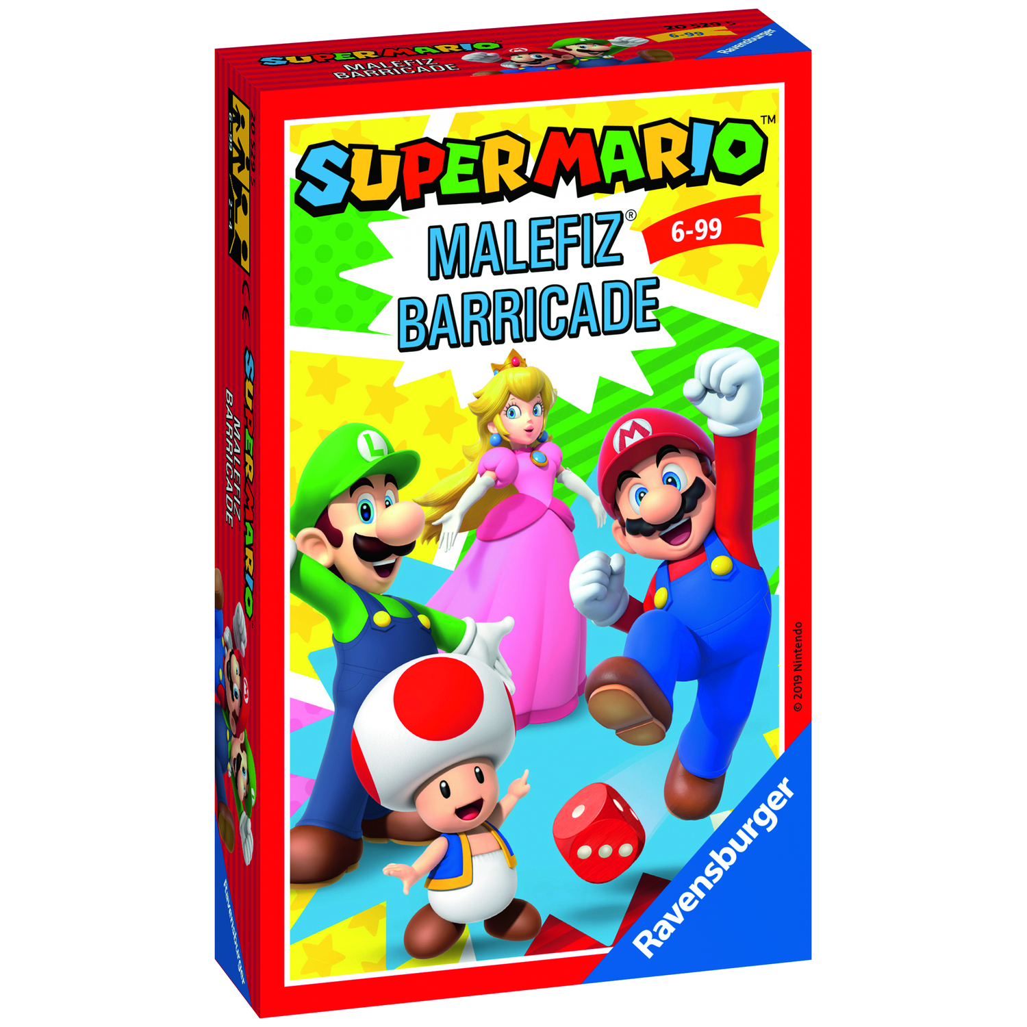 Super Mario Malefiz Barricade speldoos. Mario, Luigi, Peach en Toad zijn afgebeeld. Er is een rode dobbelsteen aanwezig. De doos heeft een rode rand.
