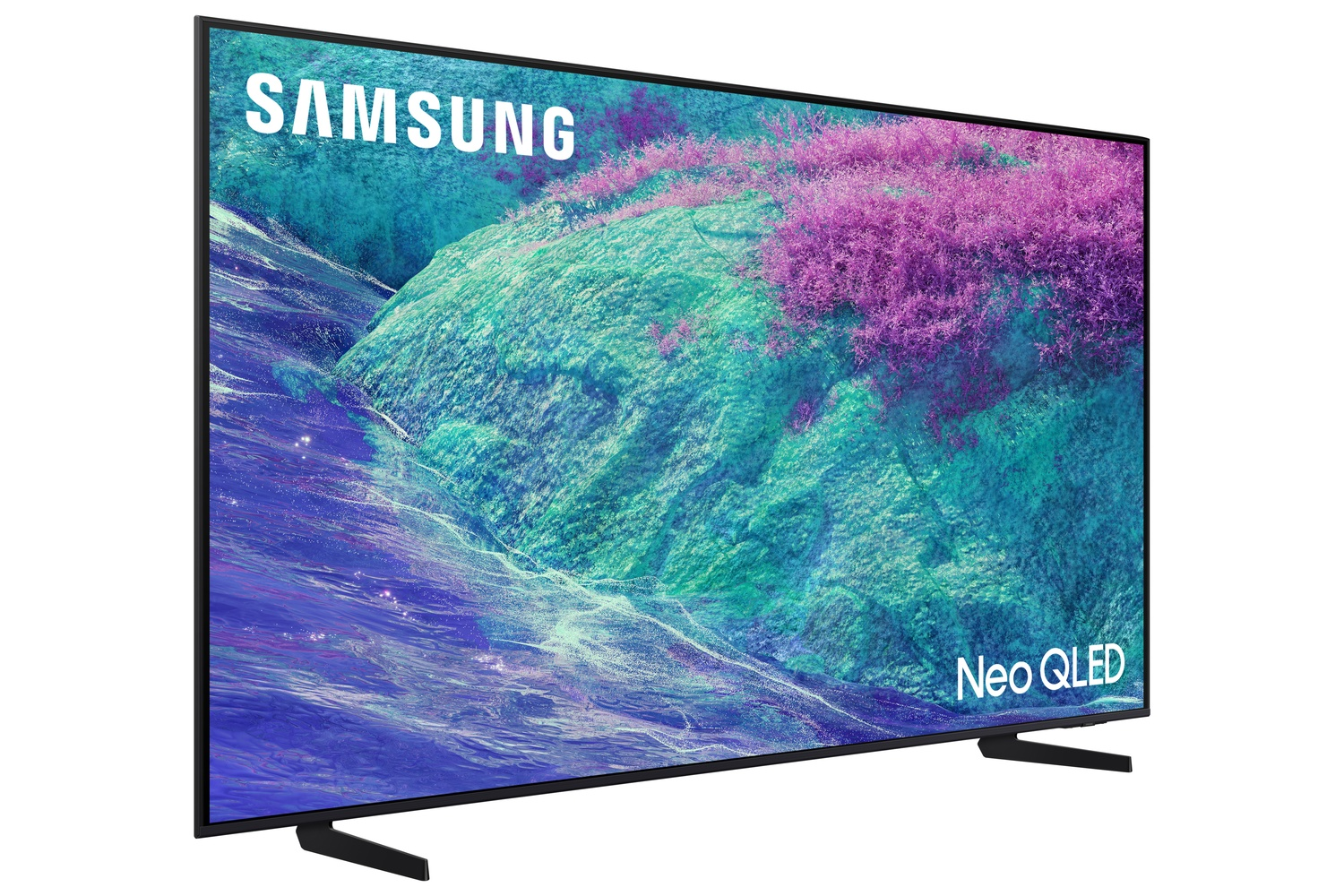 TV Samsung Neo QLED. Pantalla muestra una escena natural colorida con agua y follaje púrpura. Marco y soporte negros.