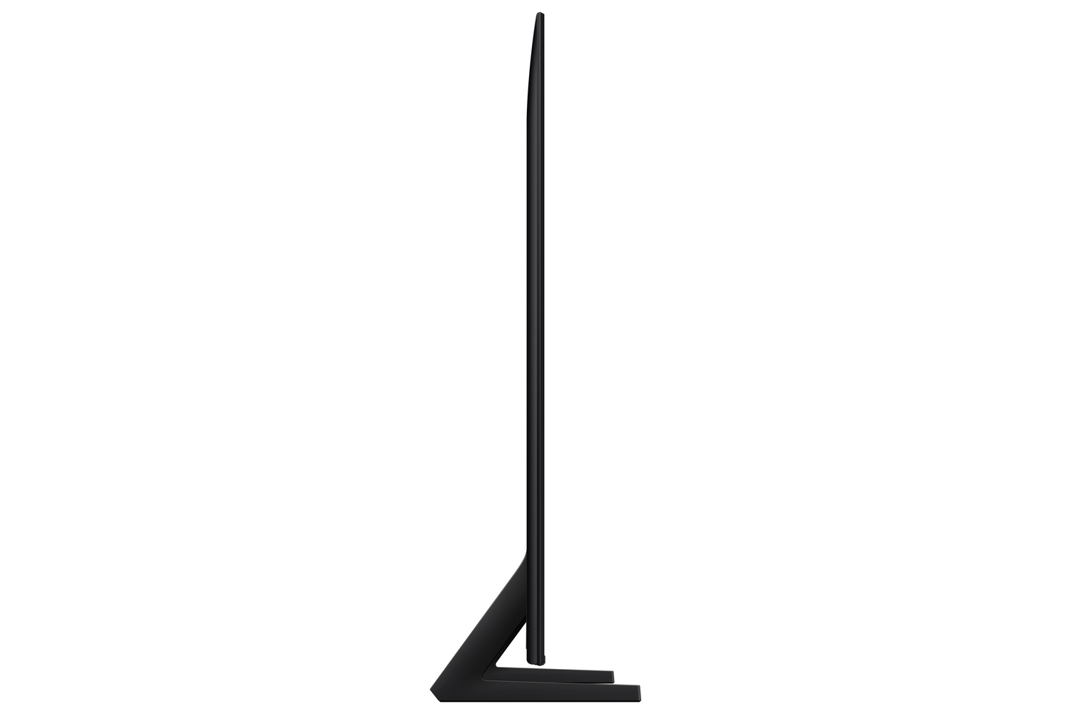 Vista lateral de un televisor negro y delgado. Se apoya en una base negra. La pantalla es alta y el marco muy fino.