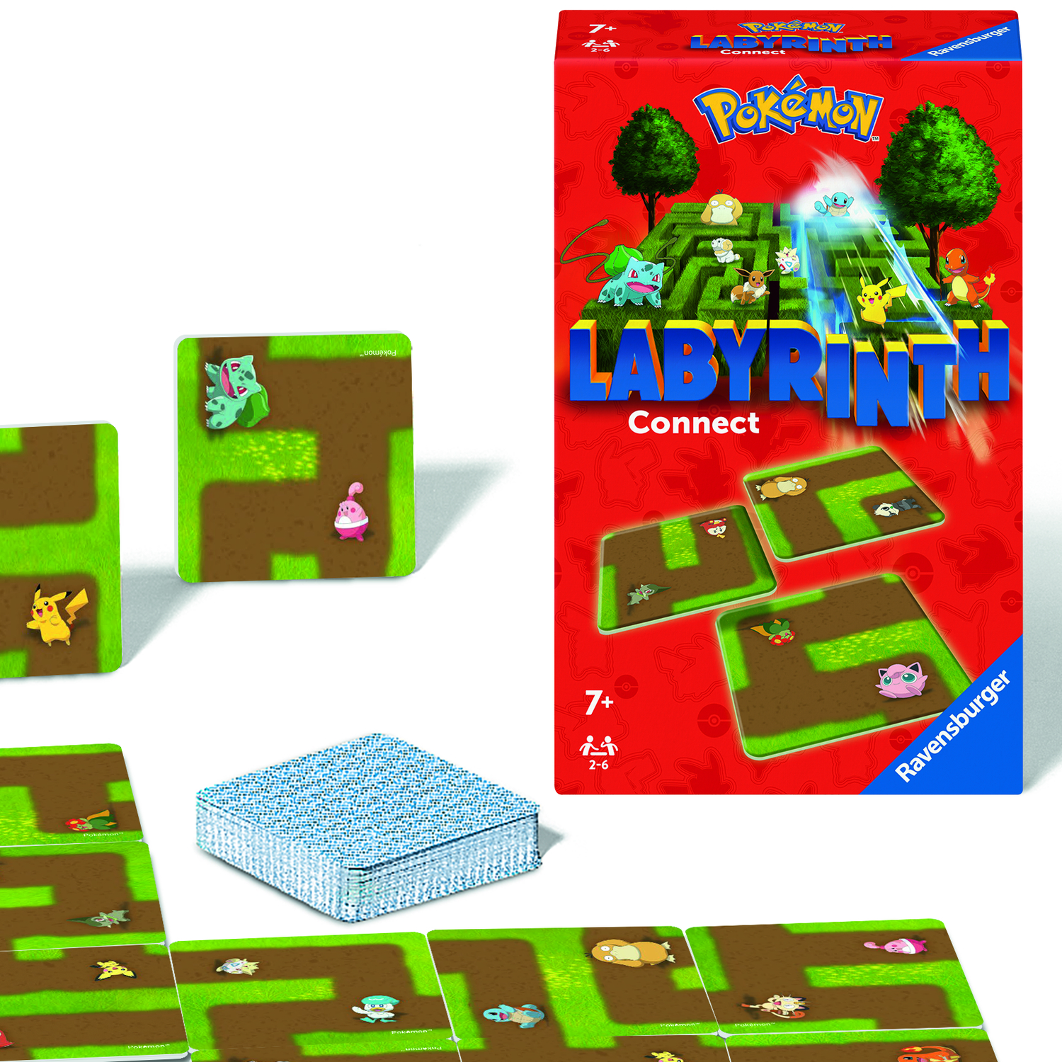 Pokémon Labyrinth speldoos en spelstukken. De doos is rood. Kaarten tonen een doolhof met Pokémon. Verschillende kaarten en een kaartspel zijn zichtbaar.