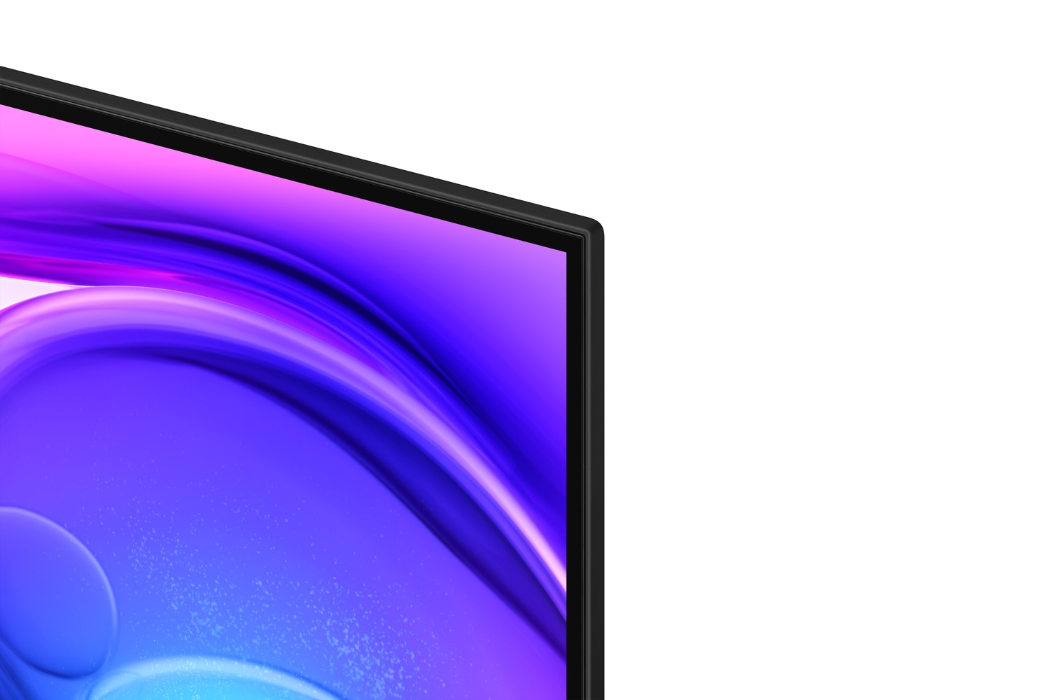 Primer plano de una pantalla de TV con marco negro. La pantalla muestra un degradado azul y morado sobre un fondo blanco.