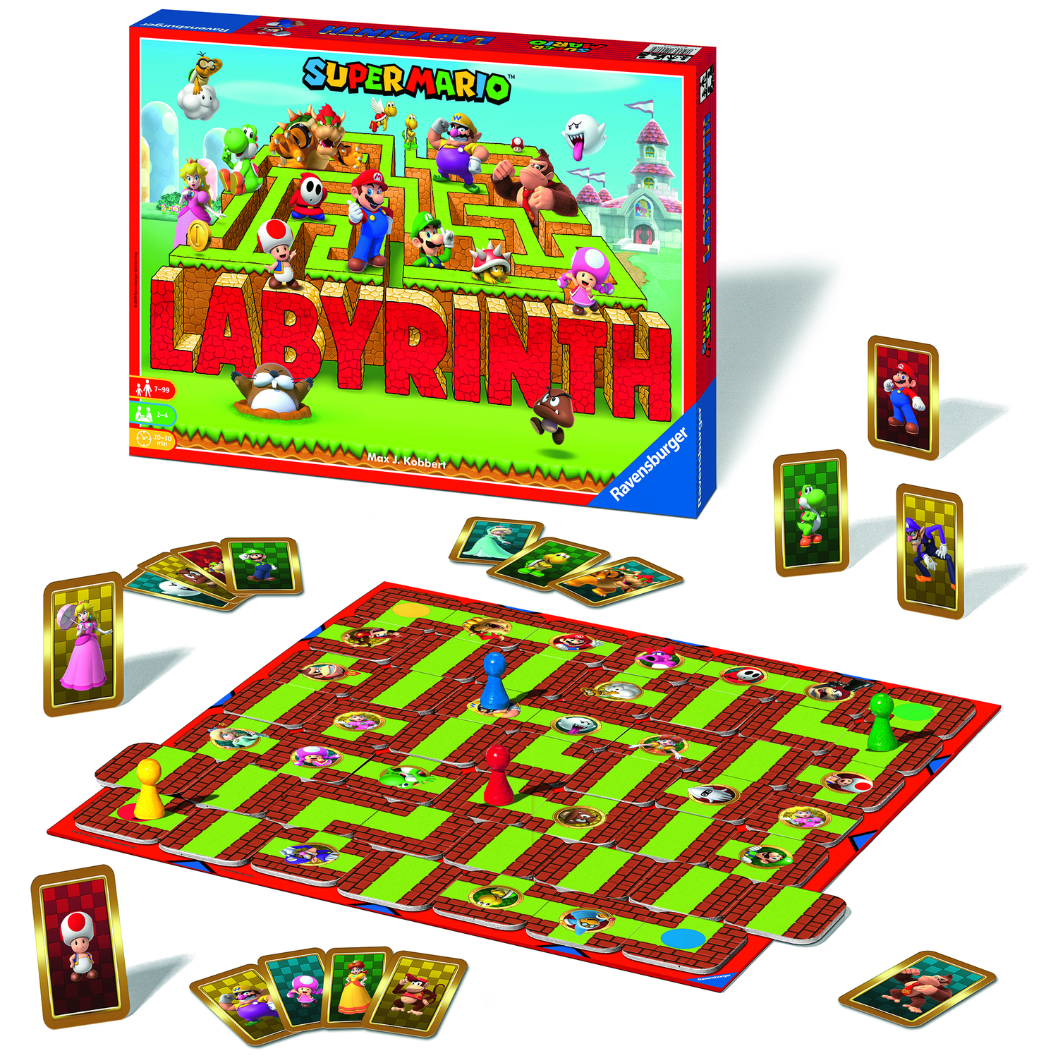 Super Mario Labyrinth board game. Game box, game board with player pieces, cards with characters, and a white background.