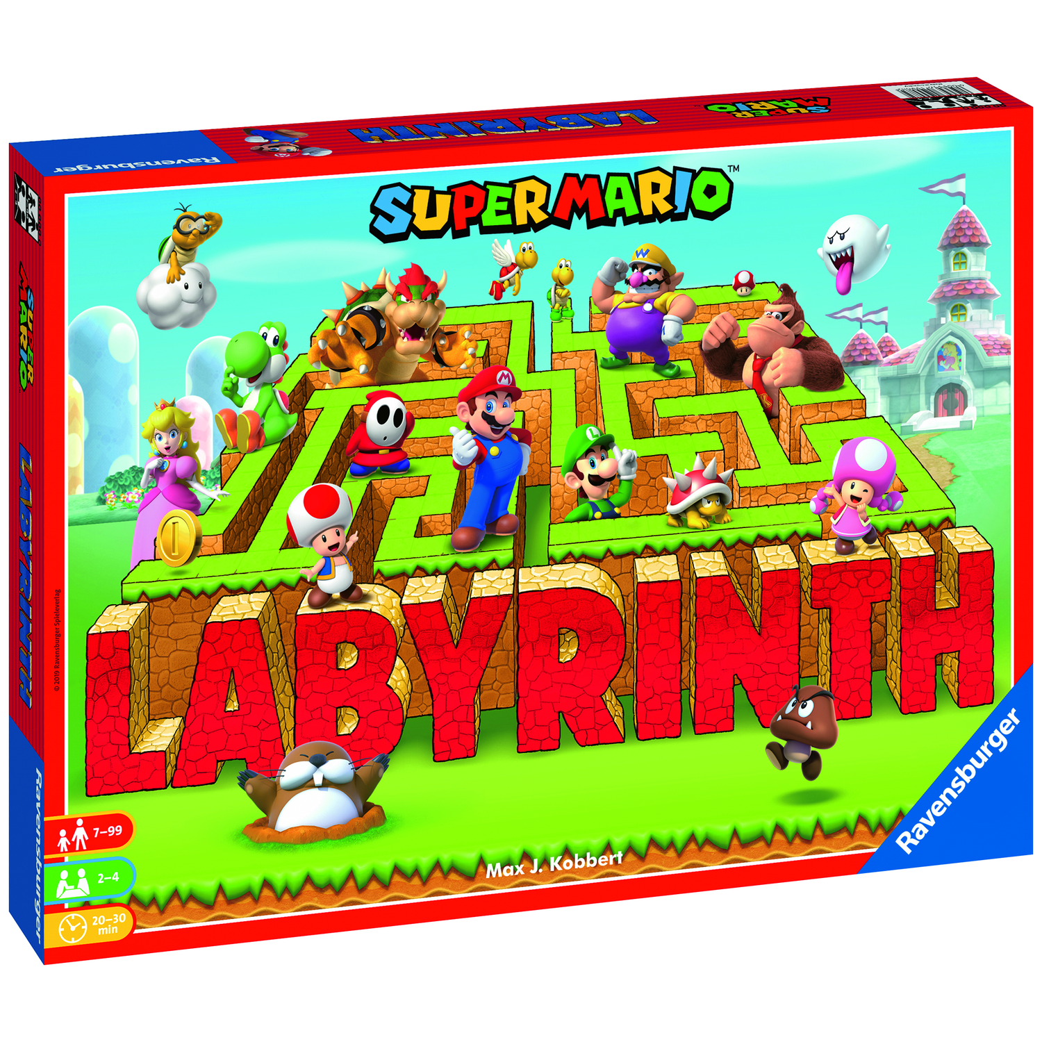 Super Mario Labyrinth game box. Mario characters on a maze. The box is red with a blue border and has the Ravensburger logo.