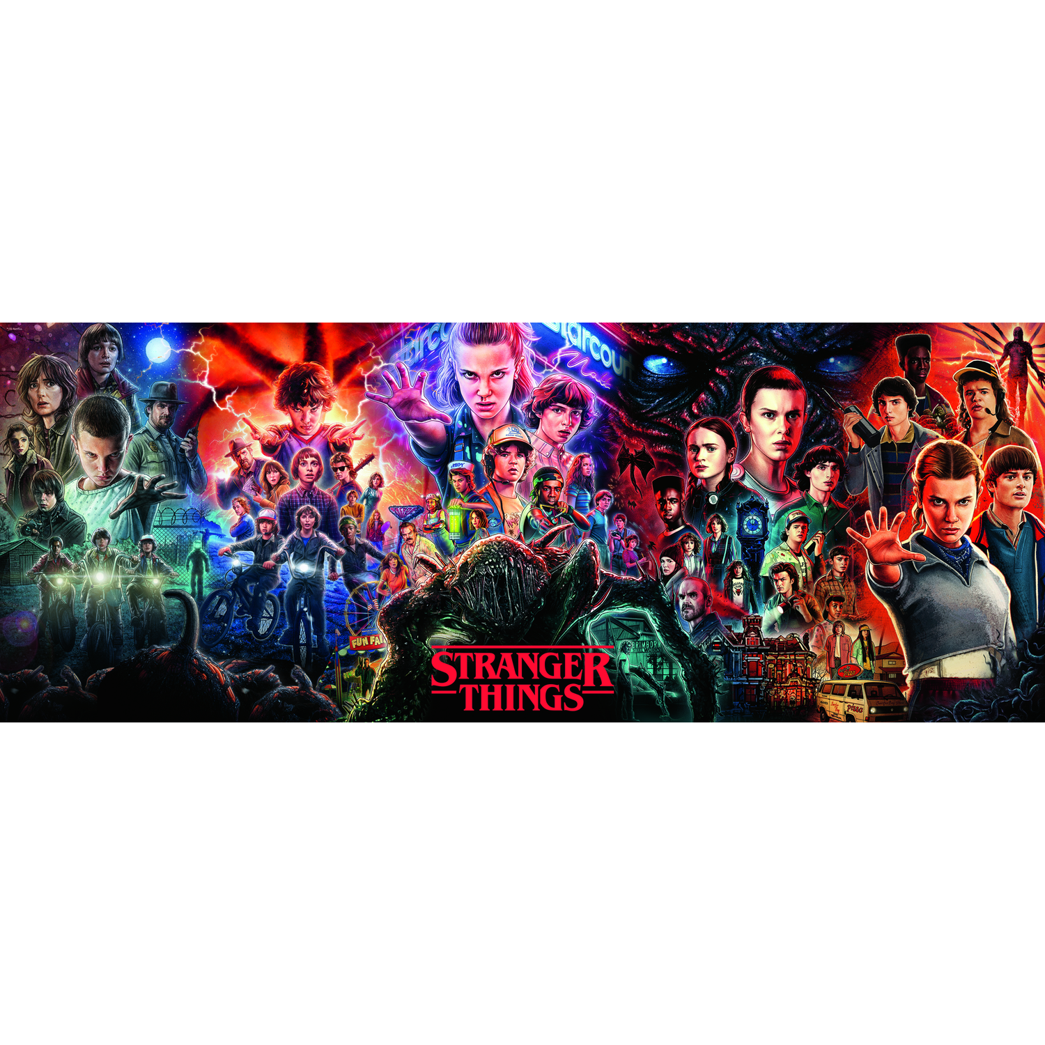 Poster voor Stranger Things. Verschillende personages zijn te zien, met een monster en de titel van de show onderaan. Kleurenpalet is donker en levendig.
