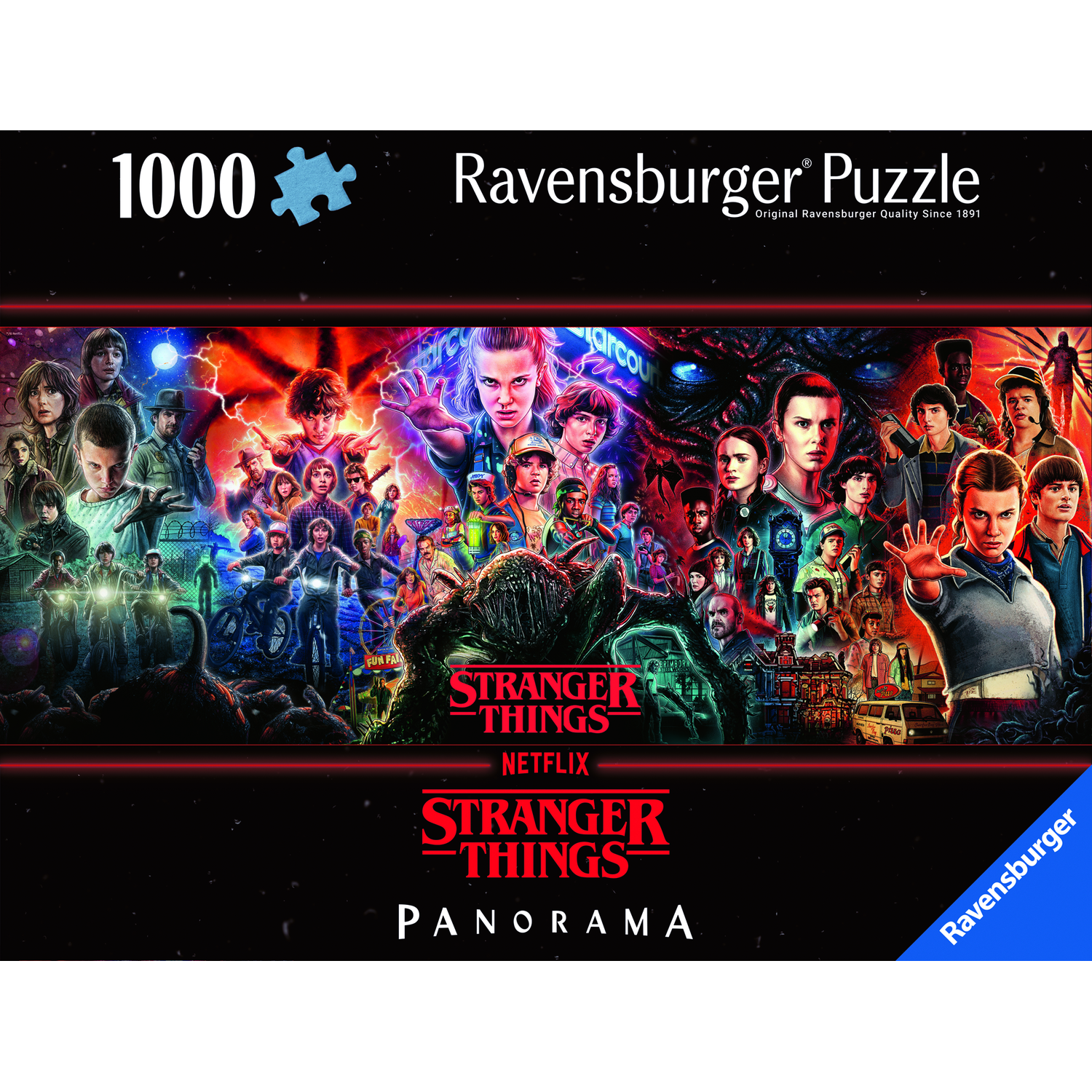 Stranger Things-puzzel. Karakters centraal, met een monster, en het logo van de show. Ravensburger puzzellogo in de hoek.