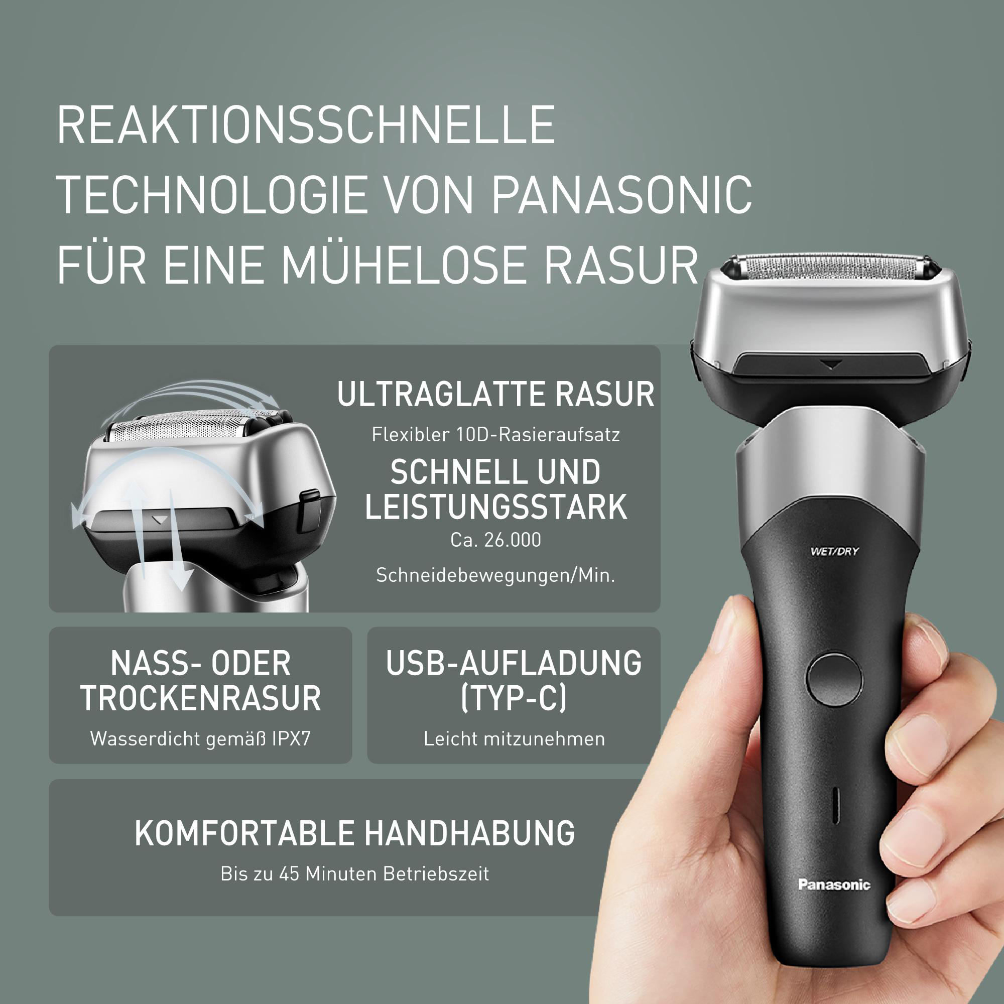 Ein elektrischer Rasierer mit silbernem Kopf und schwarzem Griff wird in einer Hand gehalten. Text über Funktionen im Hintergrund.