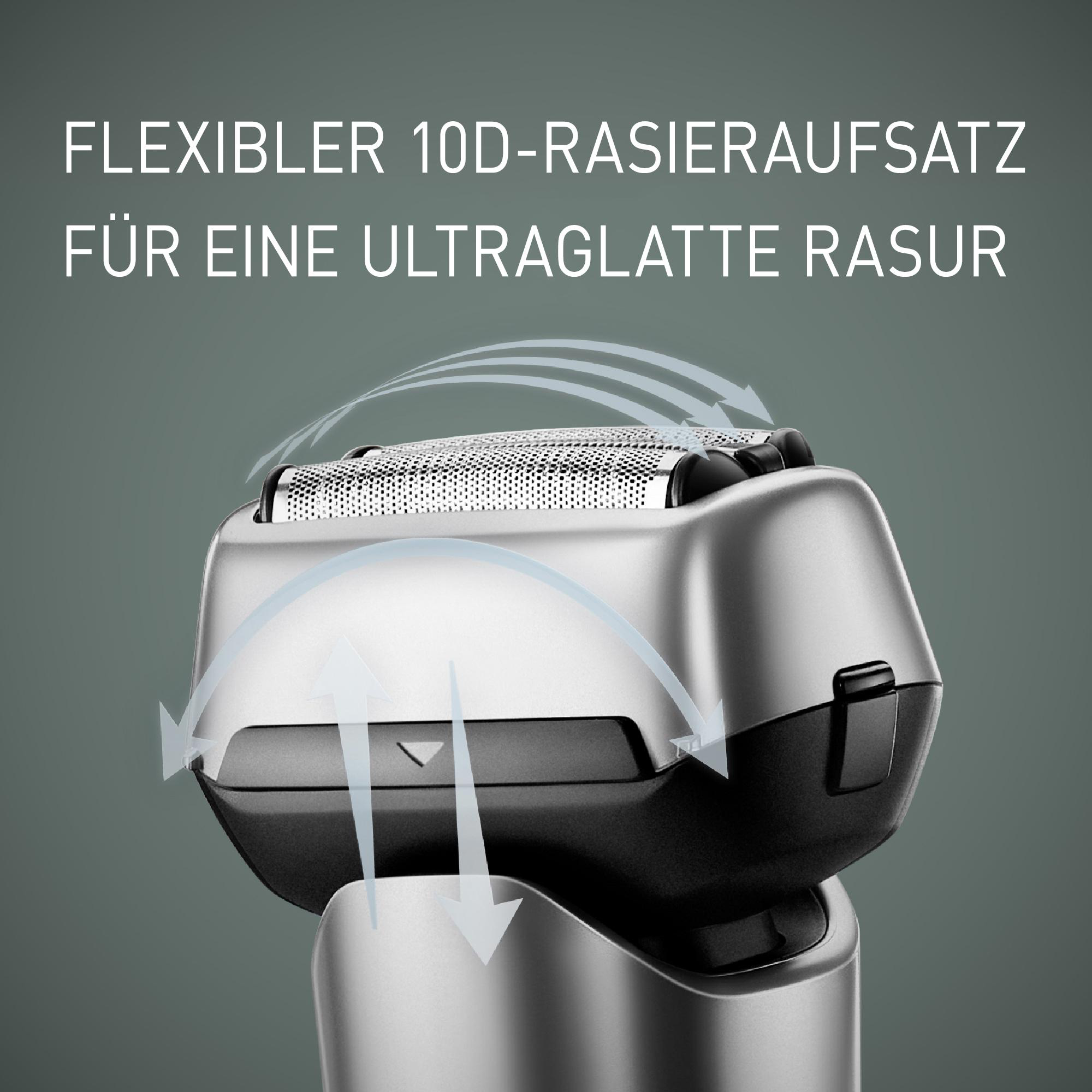 Nahaufnahme eines silber-schwarzen Elektrorasiererkopfes mit Text darüber. Pfeile zeigen die Bewegung an.