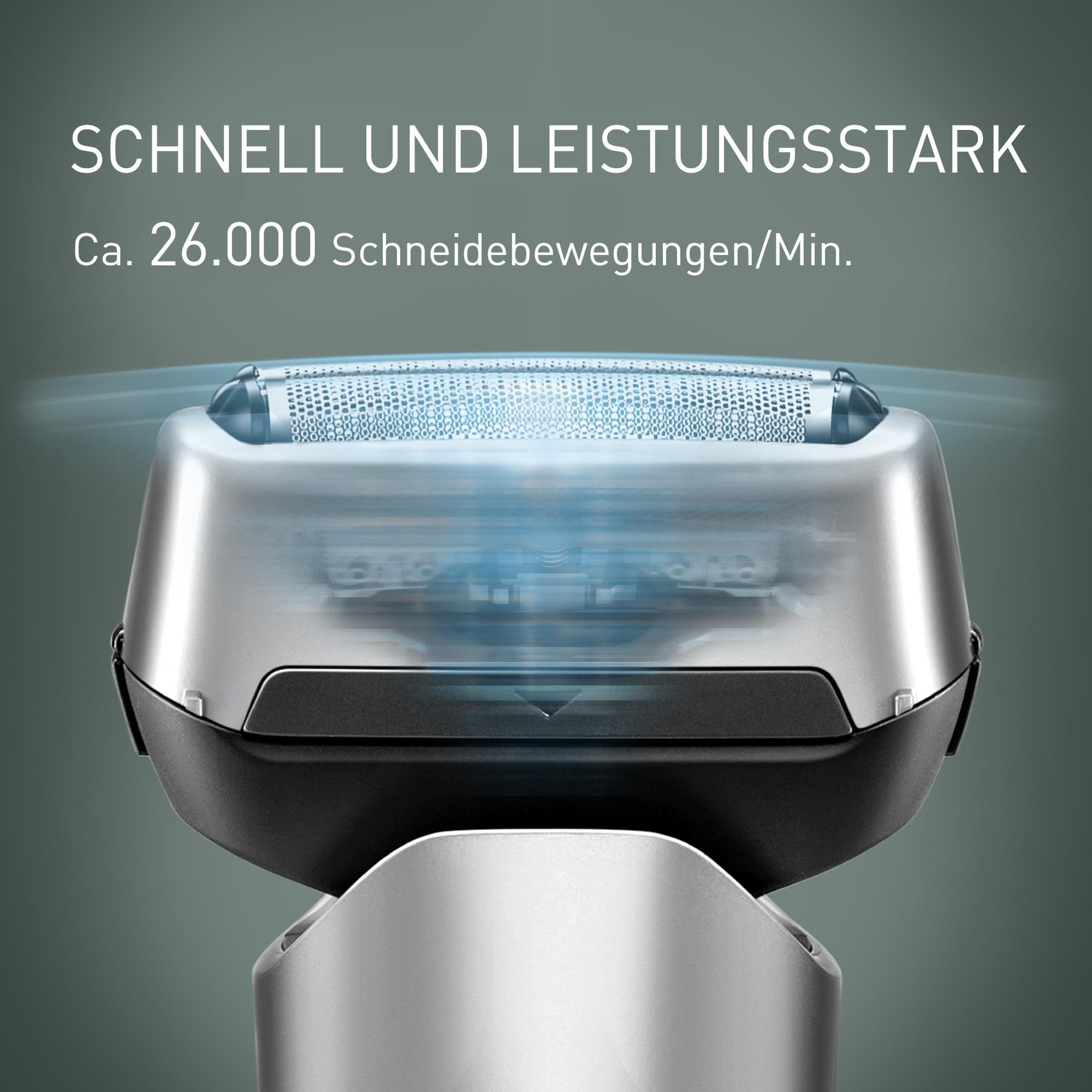 Nahaufnahme eines silber-schwarzen Elektrorasierers. Der Text lautet 'Schnell und Leistungsstark' und 'ca. 26.000 Schnitte/Min'.