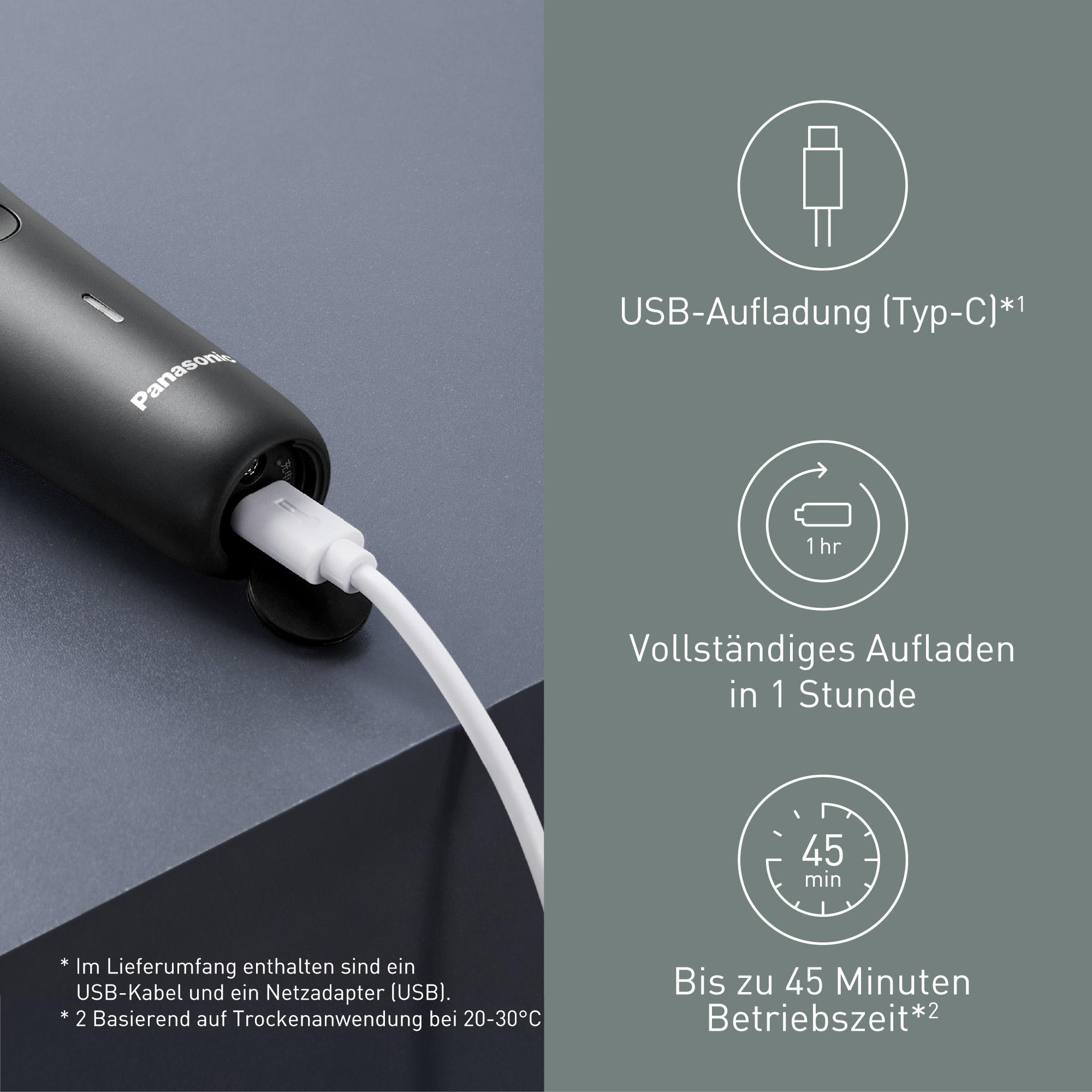 Schwarzes Panasonic-Gerät mit weißem USB-C-Kabel, auf grauem Untergrund. Infografiken rechts.